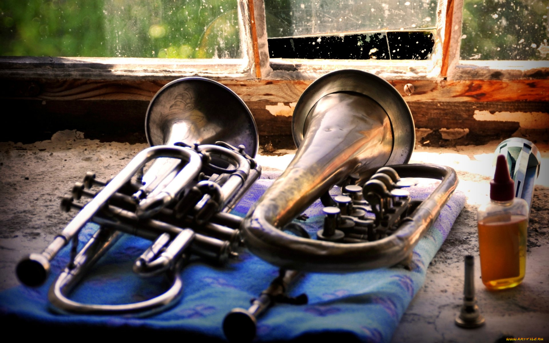 музыка, -музыкальные, инструменты, труба, окно