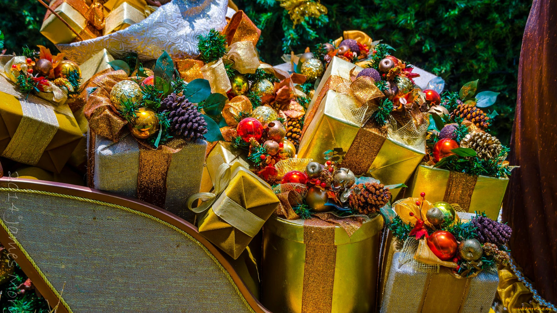 праздничные, подарки, и, коробочки, сани, подарки, новогодние, много