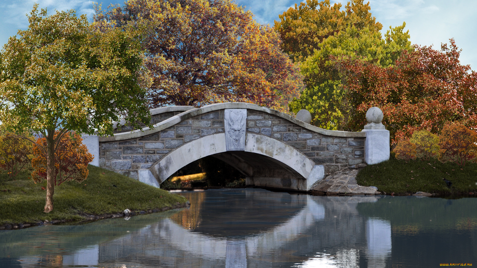 autumn, bridge, 3д, графика, nature, landscape, природа, мост, осень, парк, деревья