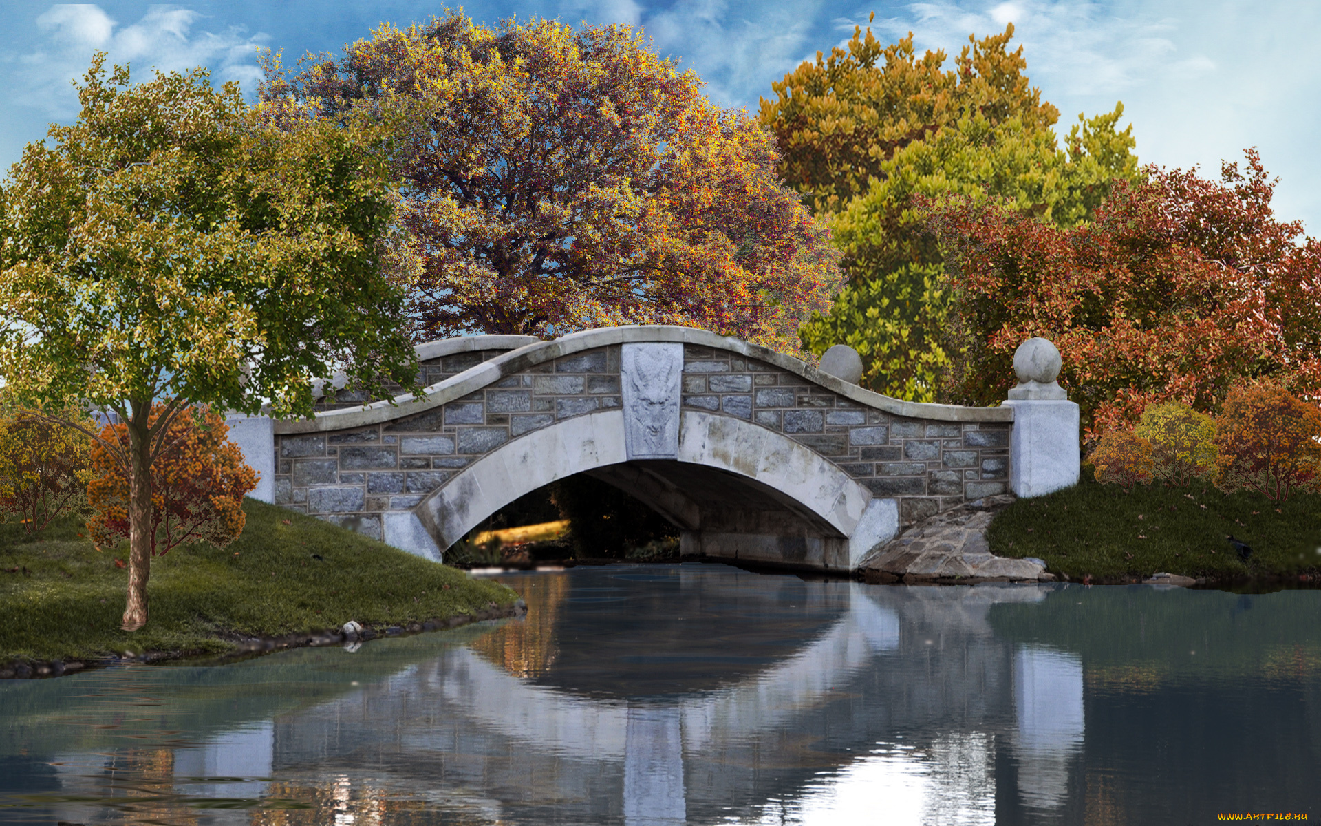 autumn, bridge, 3д, графика, nature, landscape, природа, мост, осень, парк, деревья