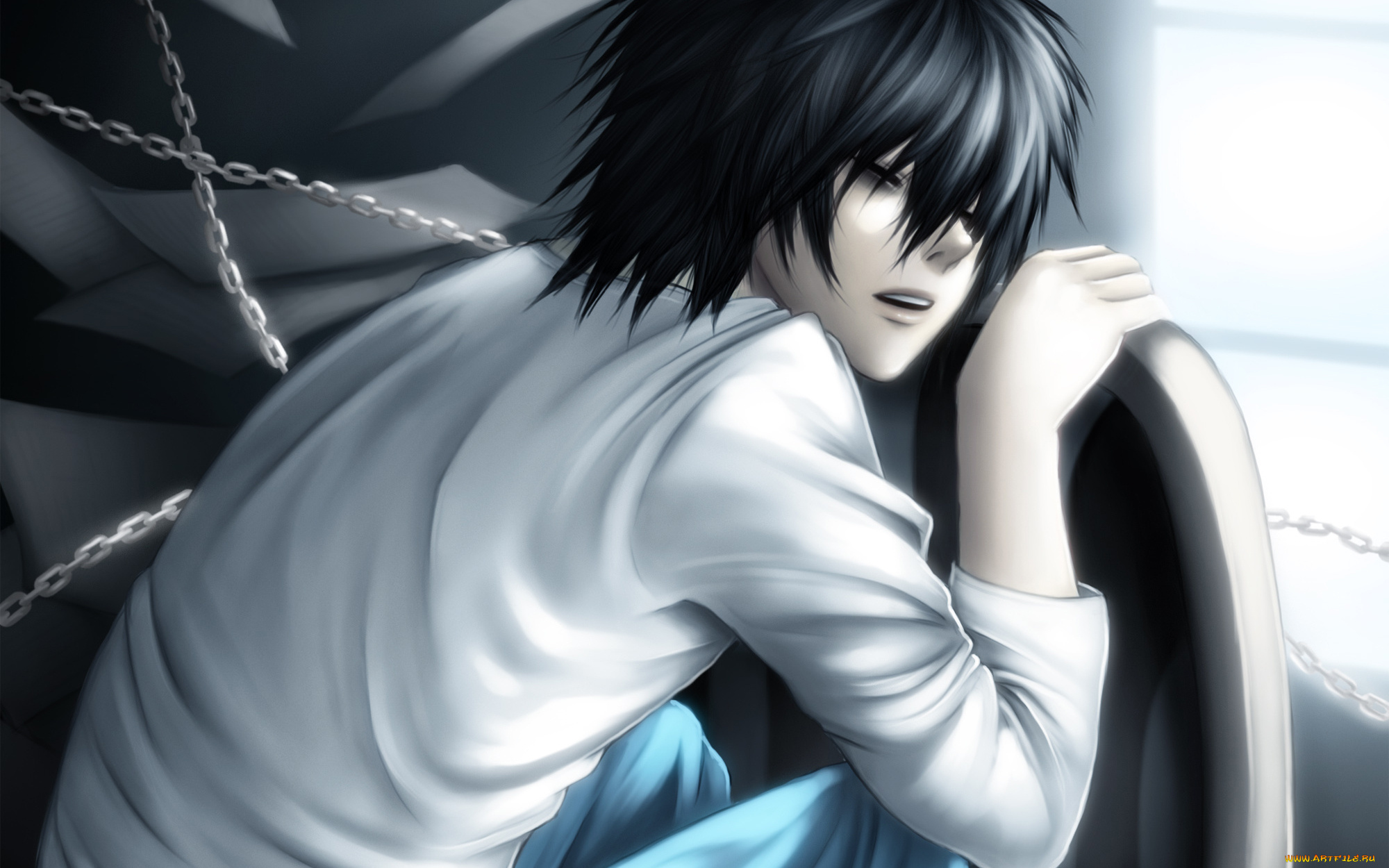 аниме, death, note, l, lawliet, тетрадь, смерти, парень, спит, цепи, листы, кресло, свет