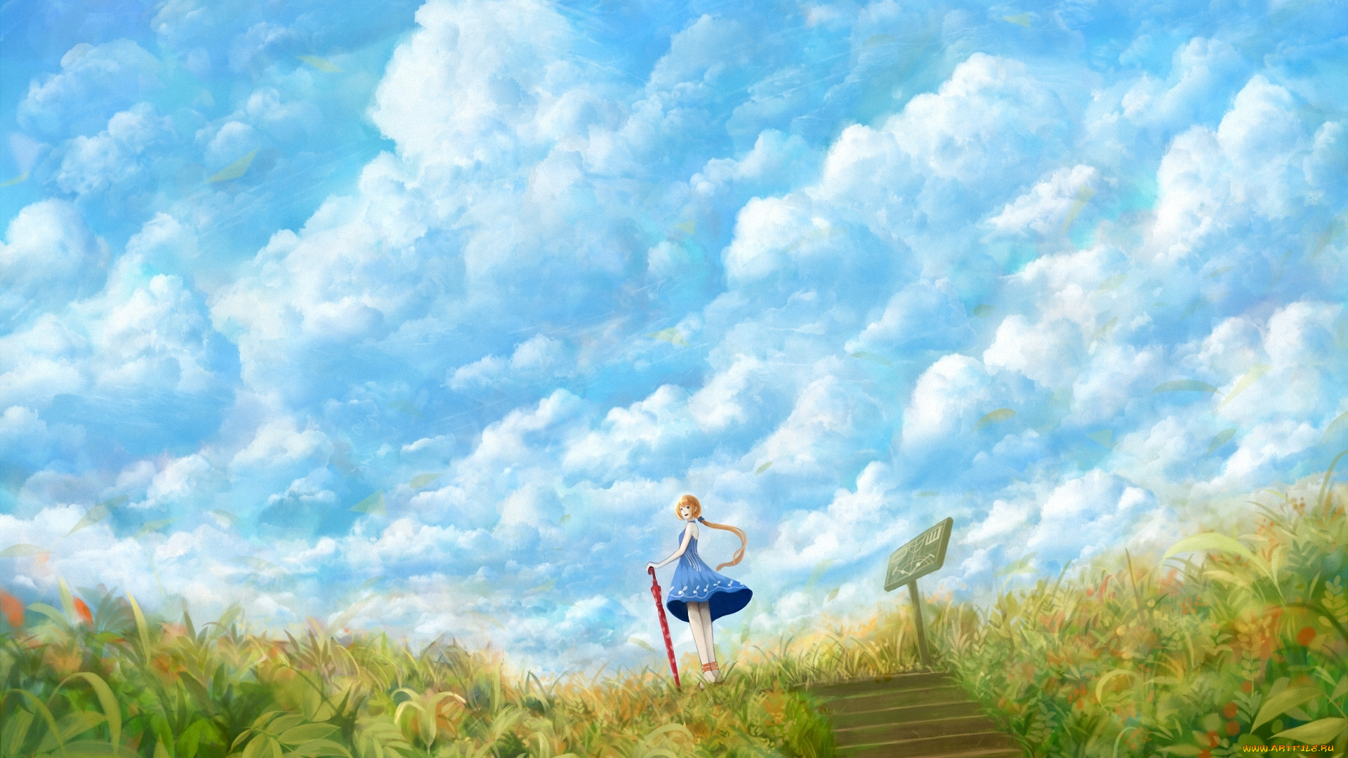 аниме, *unknown, , другое, арт, bou, nin, девушка, поле, небо, облака, трава, зонтик, зонт, ветер, платье, ступеньки, табличка
