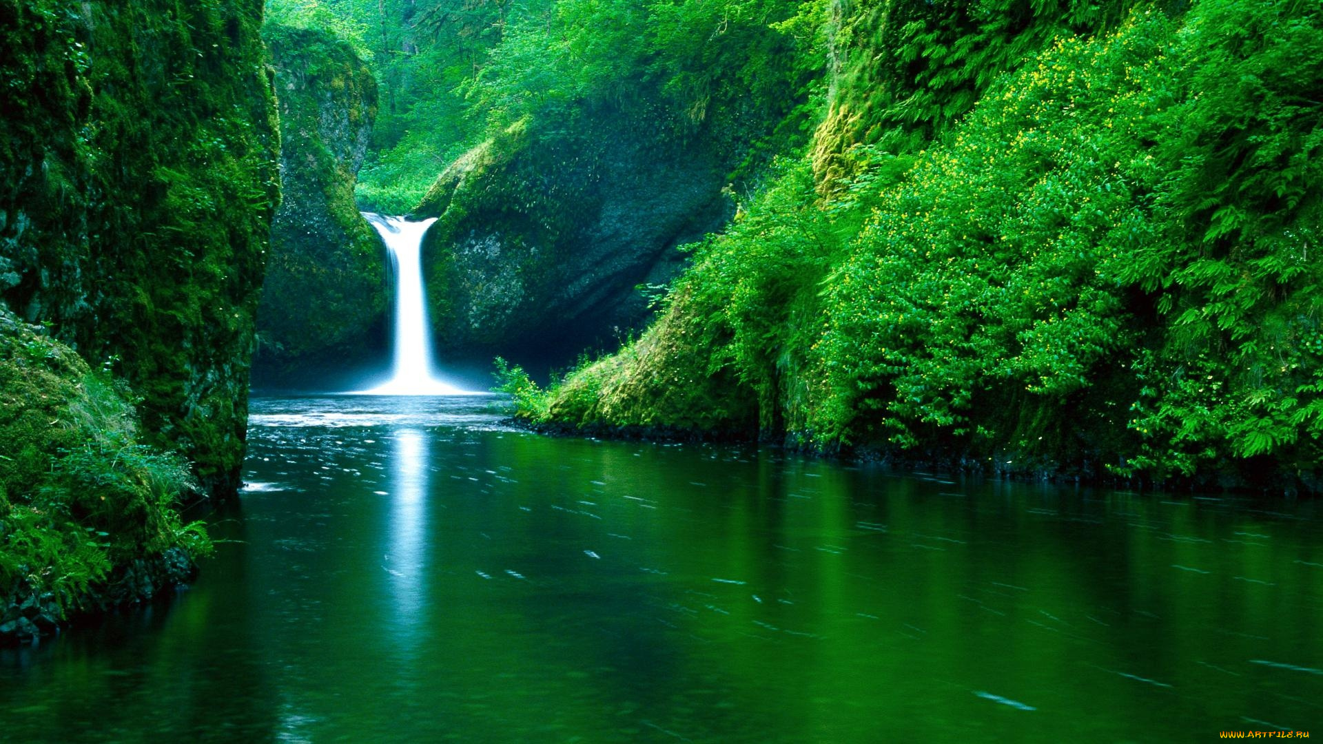 природа, водопады, зелень, горы, озеро, река, деревья, кусты, водопад
