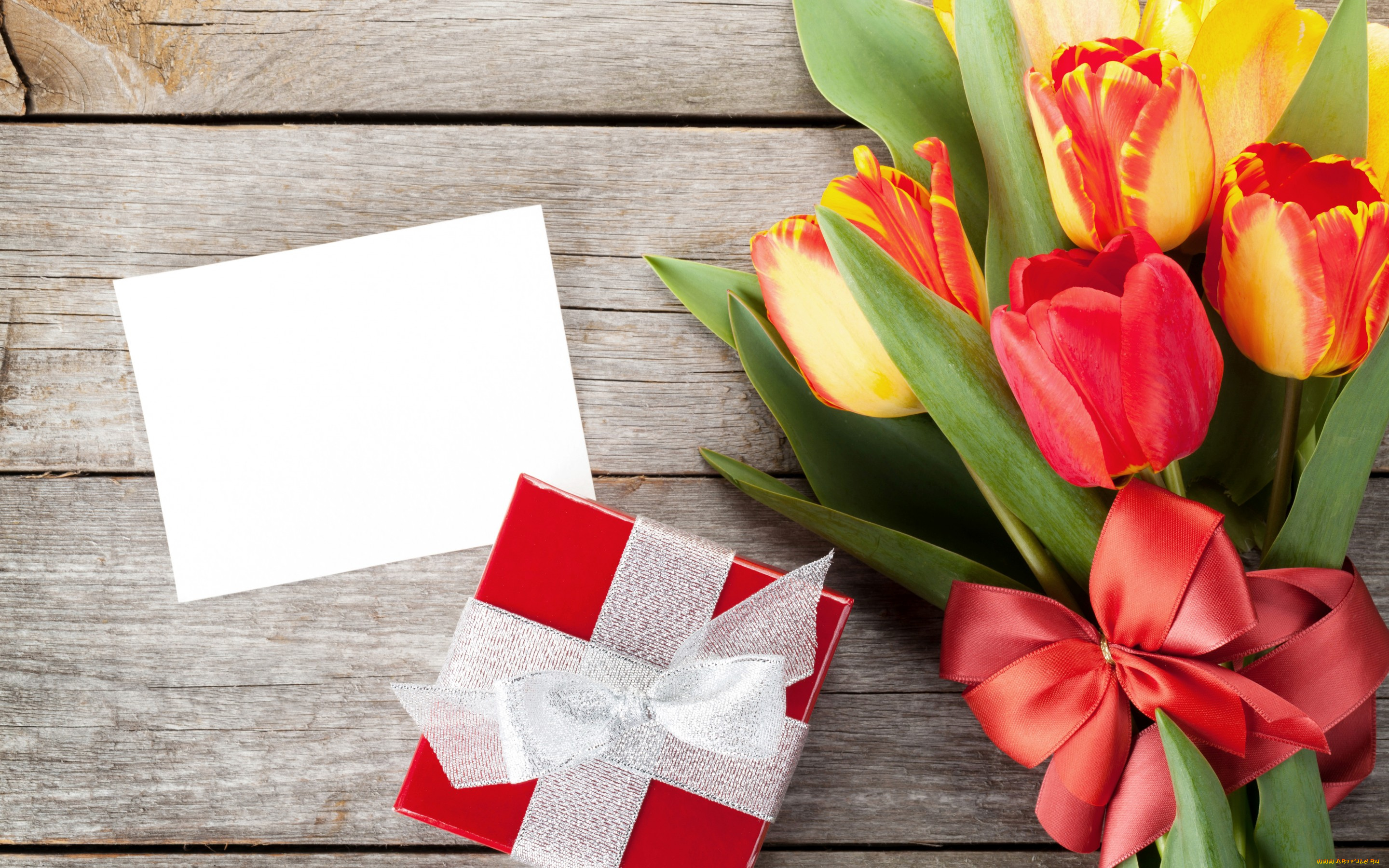 цветы, тюльпаны, подарок, бантик, tulips, gift