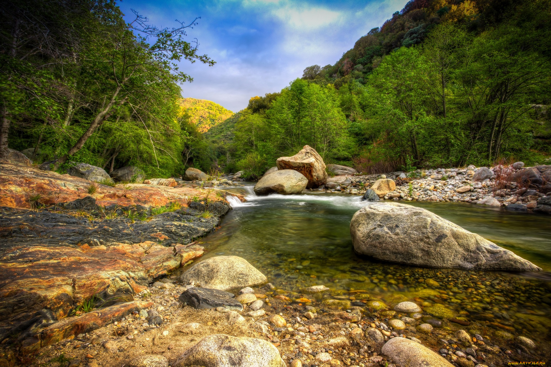 природа, реки, озера, водоем, камни, деревья, хлмы