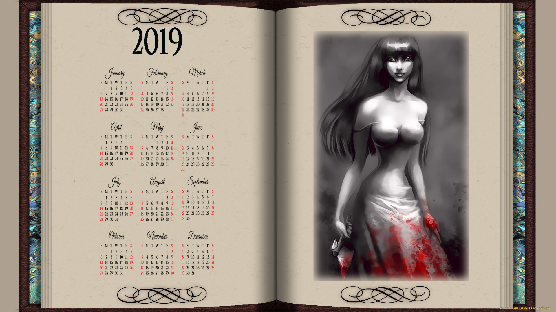 календари, фэнтези, 2019, calendar, женщина, книга, топор, девушка, кровь