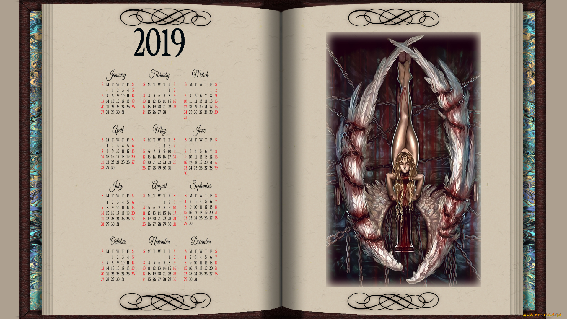 календари, фэнтези, 2019, женщина, calendar, девушка, книга, крылья