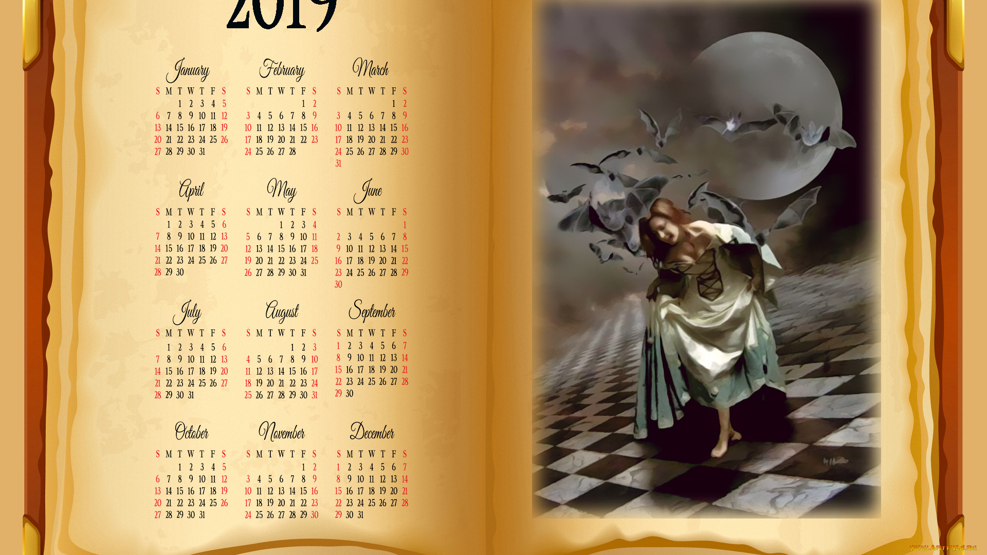 календари, фэнтези, calendar, женщина, луна, мышь, девушка, книга, 2019