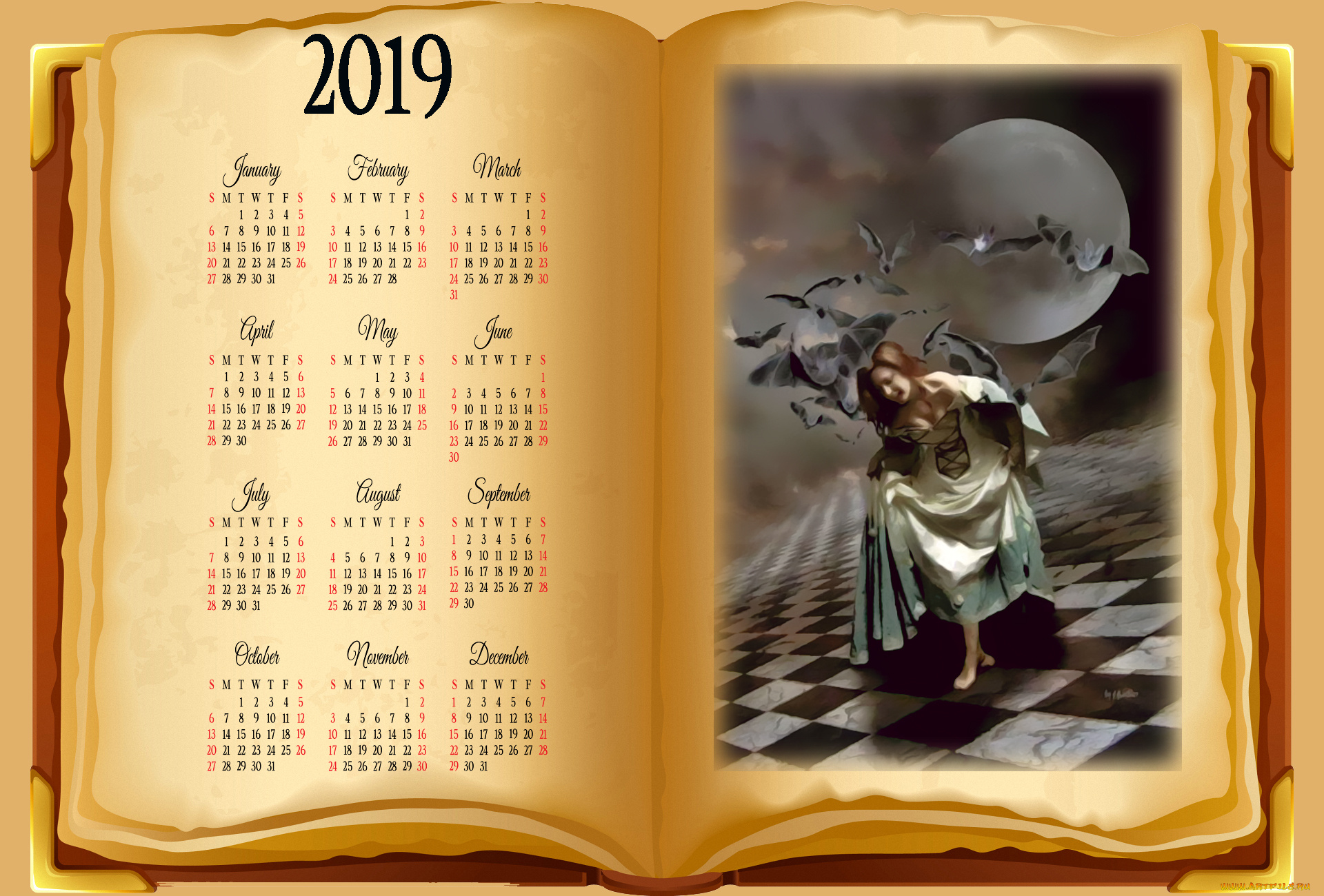 календари, фэнтези, calendar, женщина, луна, мышь, девушка, книга, 2019