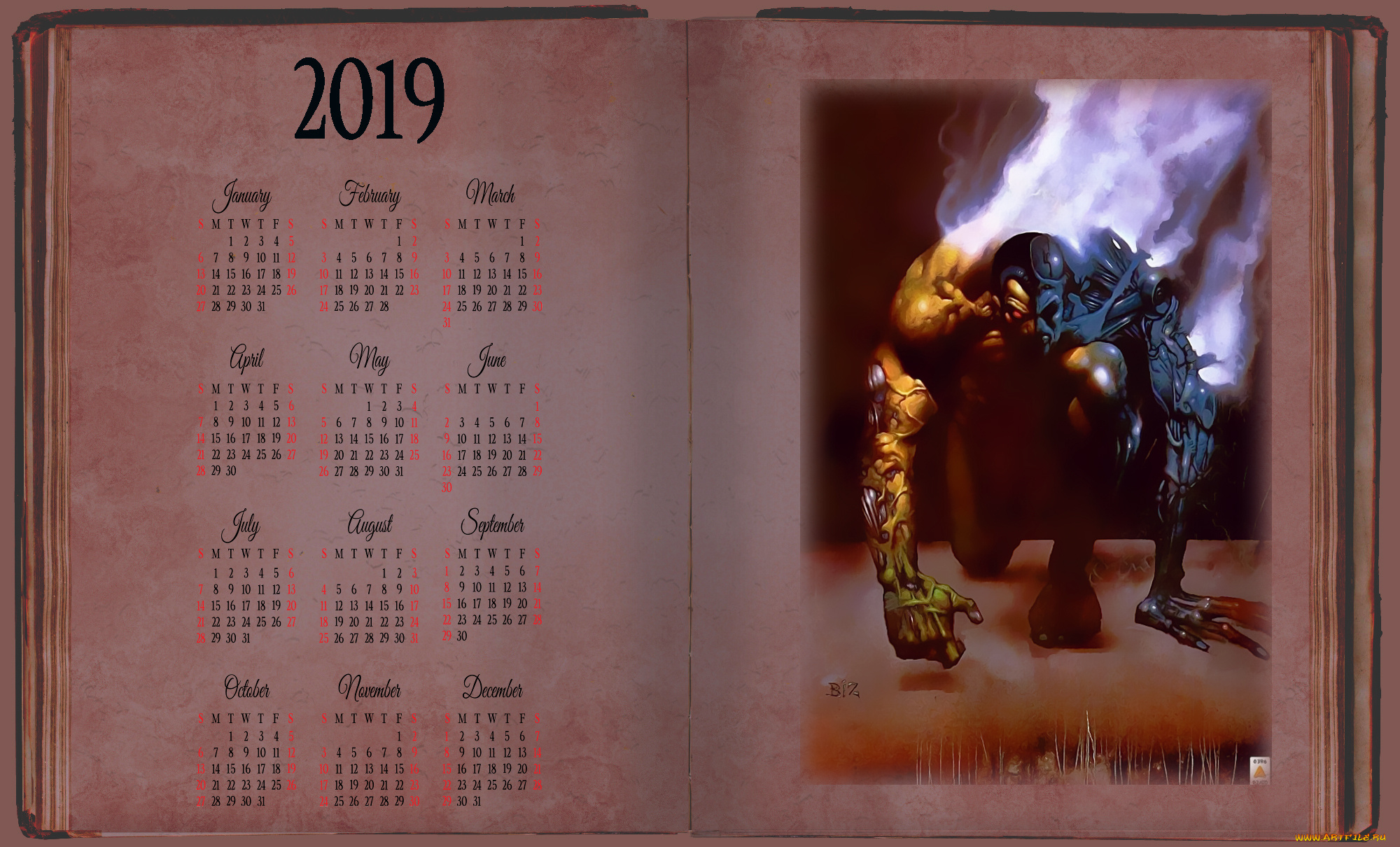 календари, фэнтези, 2019, calendar, существо, книга, монстр