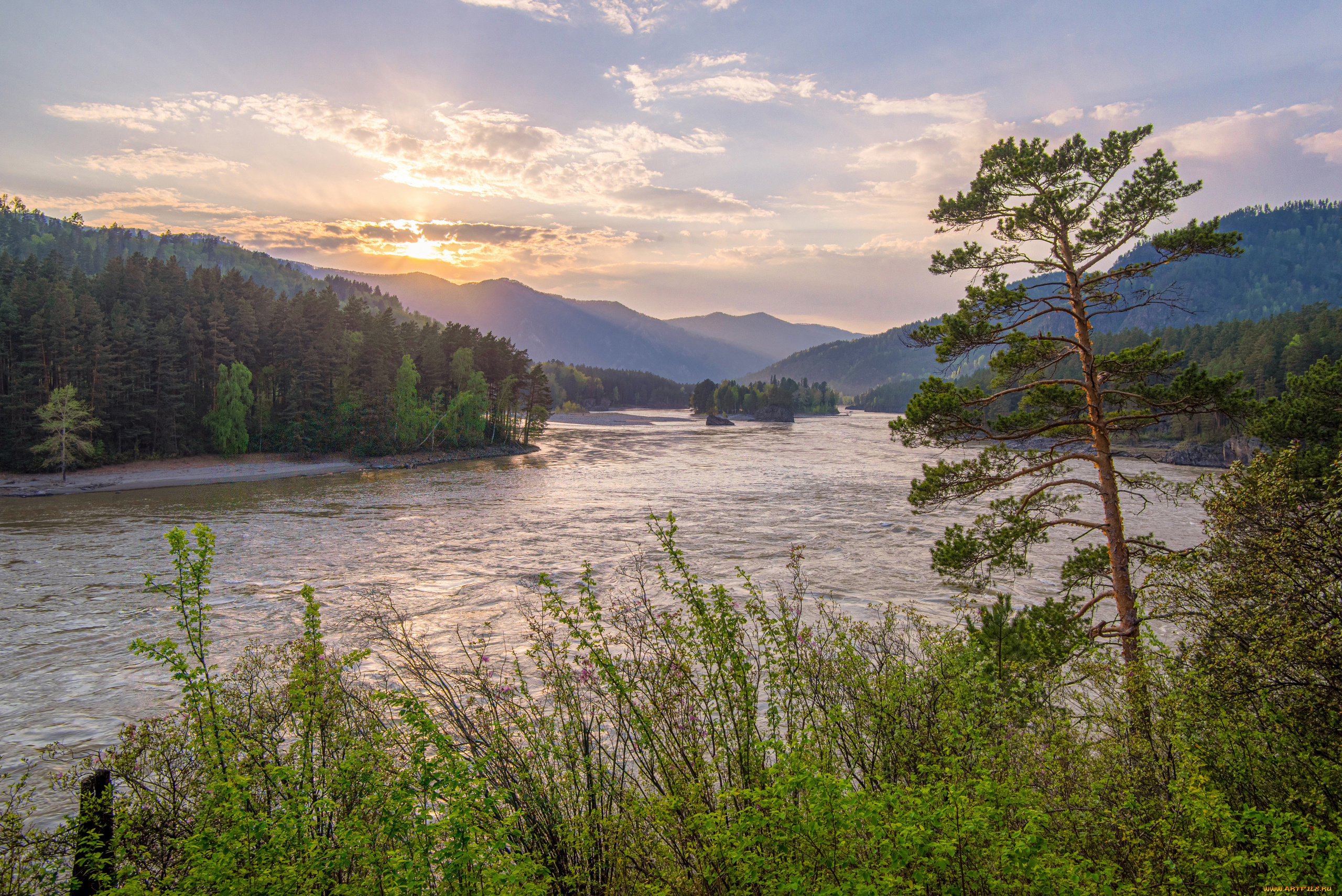 природа, реки, озера, пейзаж, вода, река, россия, закат, горный, алтай, вячеслав, татаркин, катунь