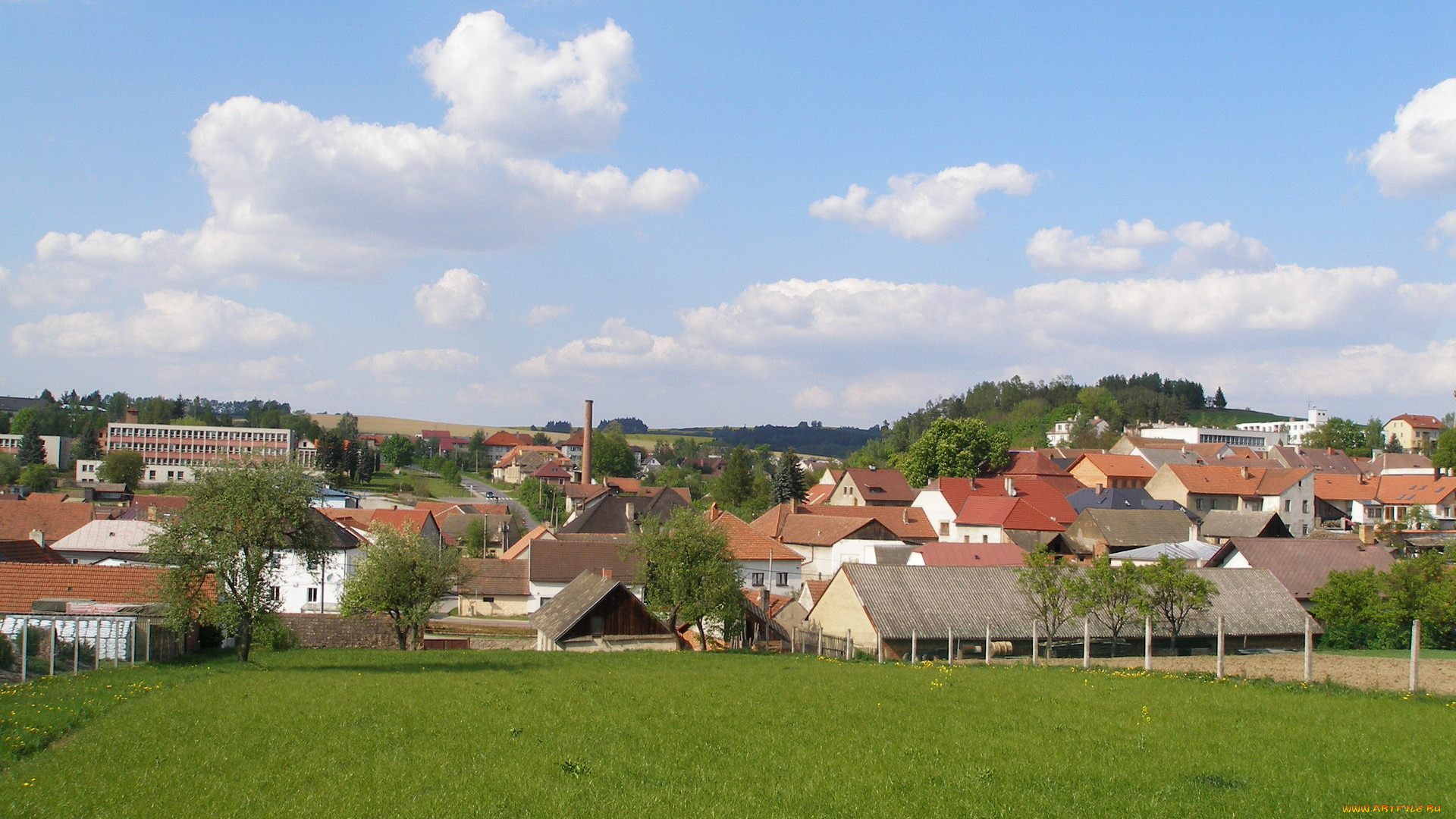 города, панорамы, панорама, лужайка, дома