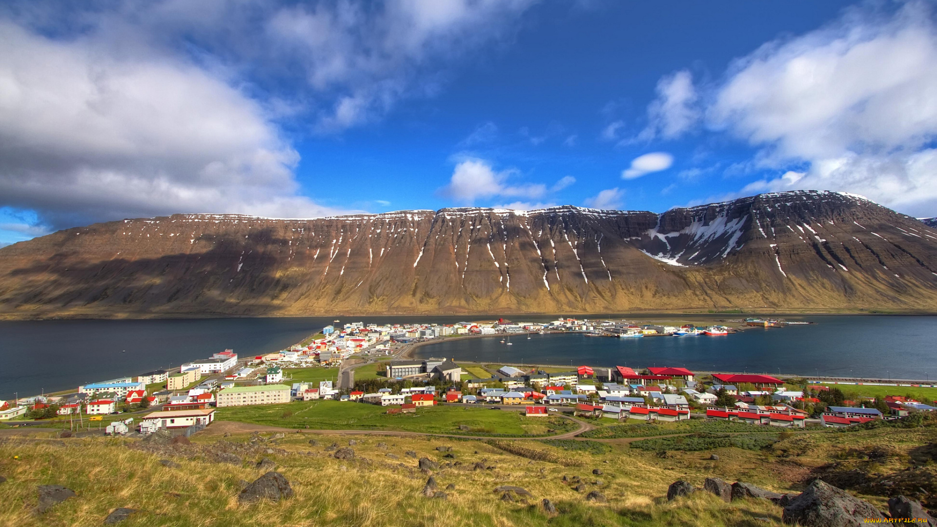 isafjordur, island, города, пейзажи, горы, фьорд, исландия, исафьордюр