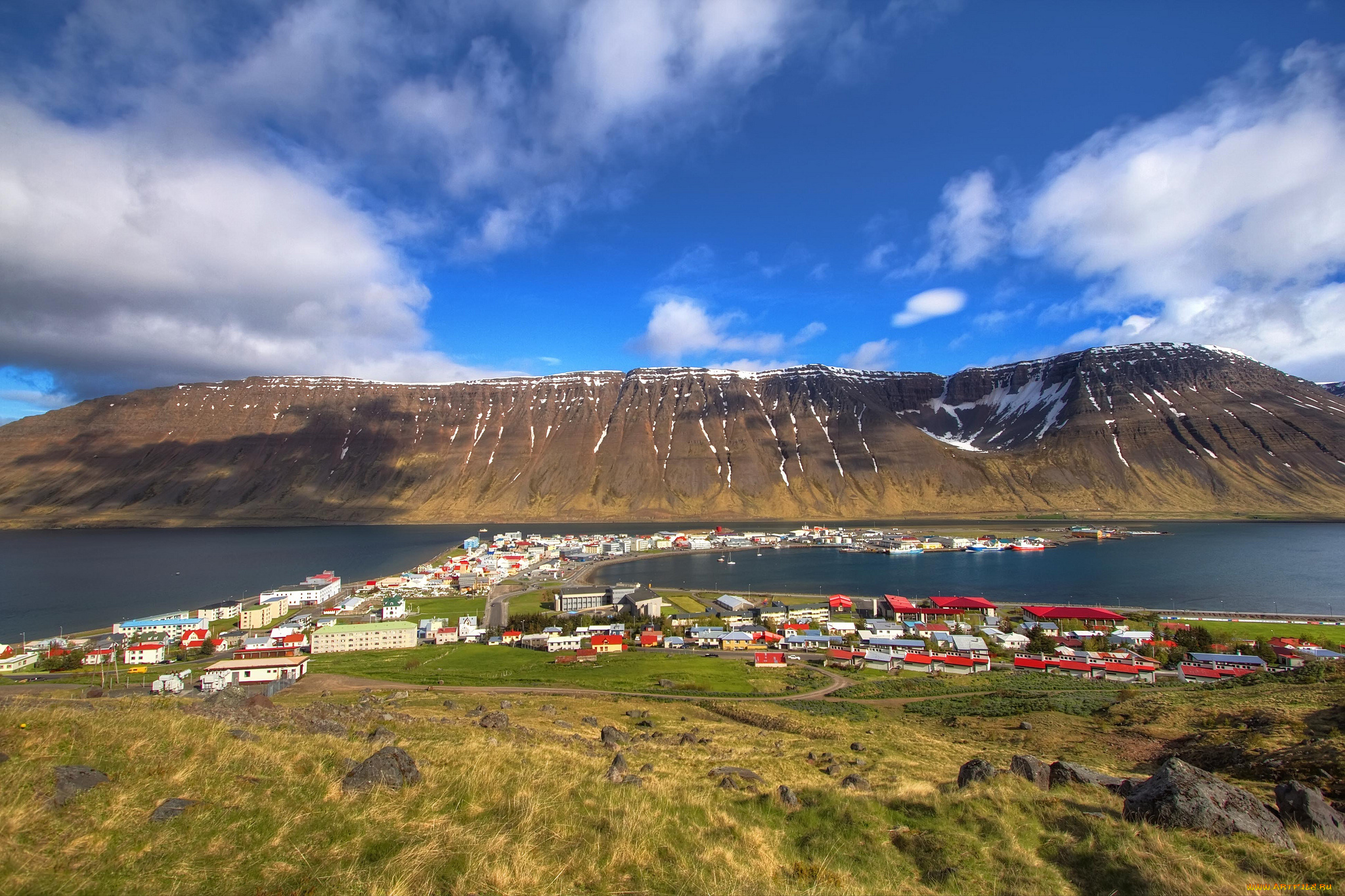 isafjordur, island, города, пейзажи, горы, фьорд, исландия, исафьордюр