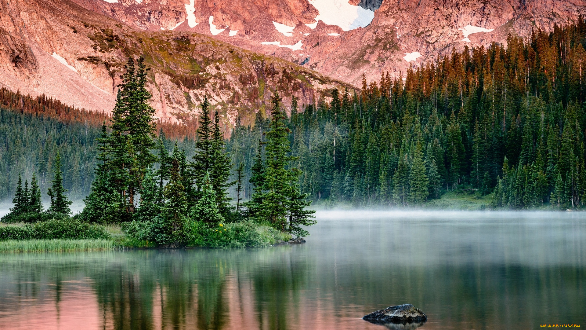 long, lake, colorado, природа, реки, озера, колорадо, озеро, лонг, утро, туман, горы, остров