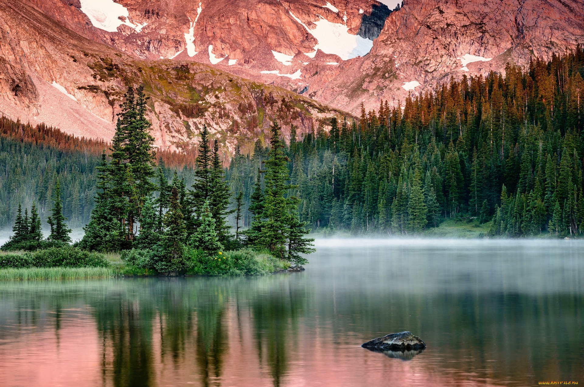 long, lake, colorado, природа, реки, озера, колорадо, озеро, лонг, утро, туман, горы, остров