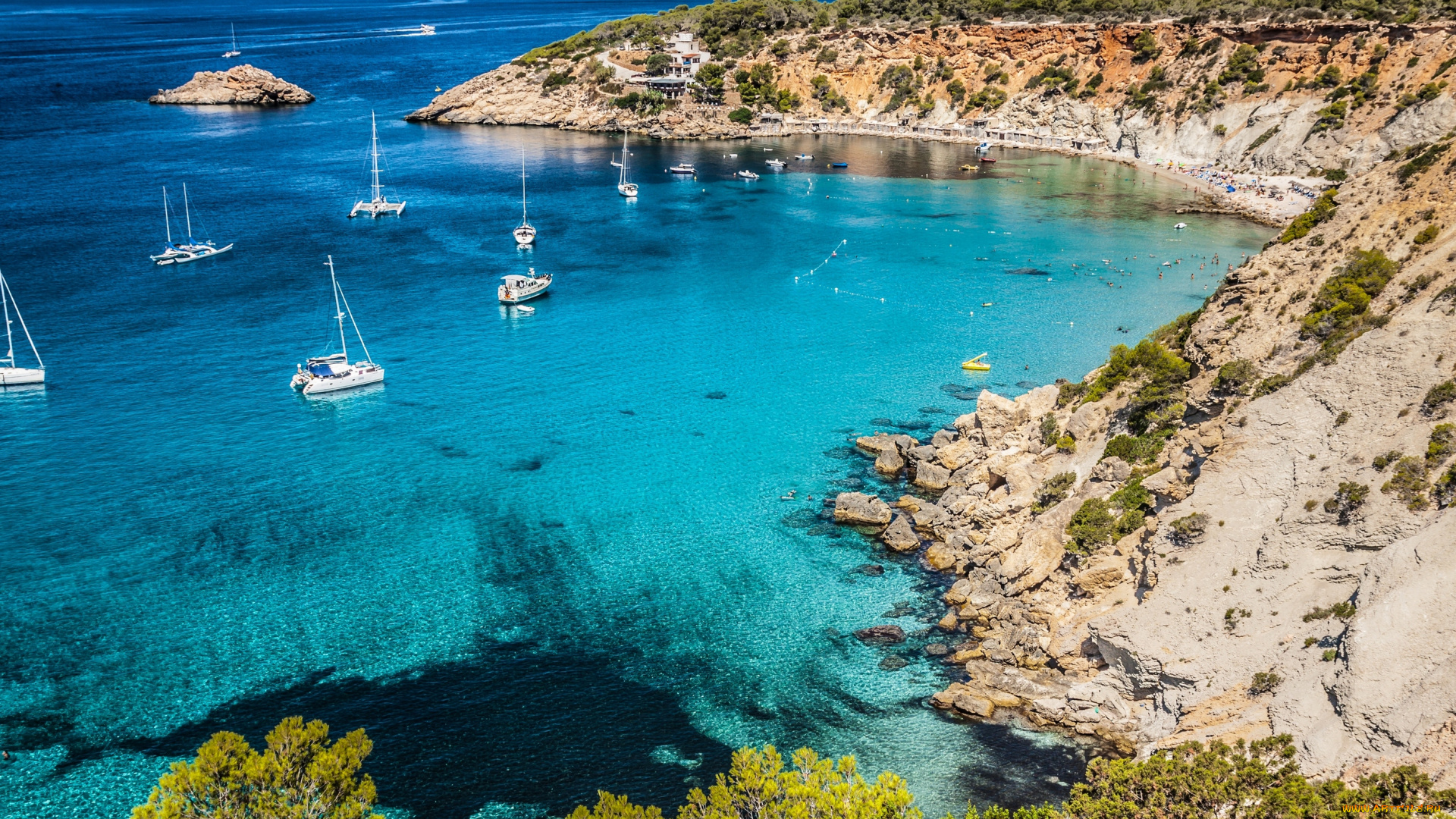 корабли, Яхты, скалы, деревья, кустарники, море, яхты, дома, rocks, trees, bushes, sea