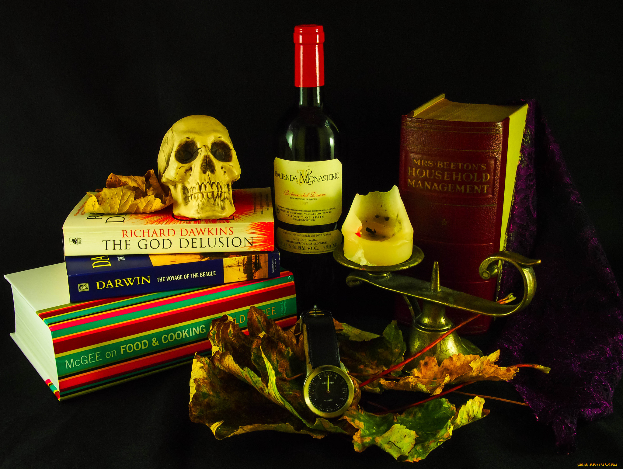 разное, канцелярия, , книги, книги, череп, свеча, часы, вино