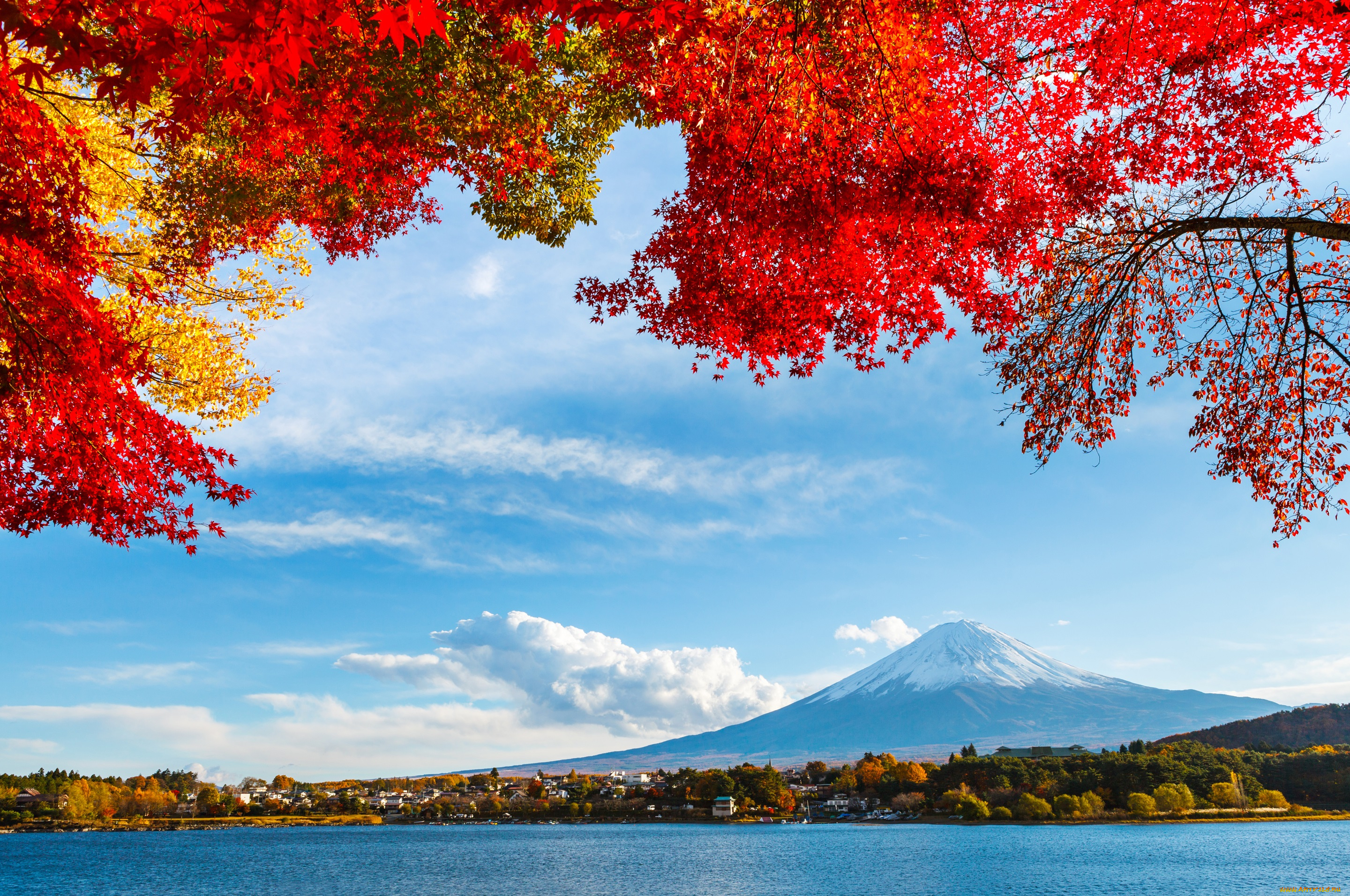 природа, пейзажи, облака, небо, озеро, деревья, гора, осень, фудзияма, япония, листья, снег