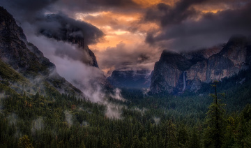 Картинка природа горы калифорния свет облака небо сша водопад лес национальный парк йосемити