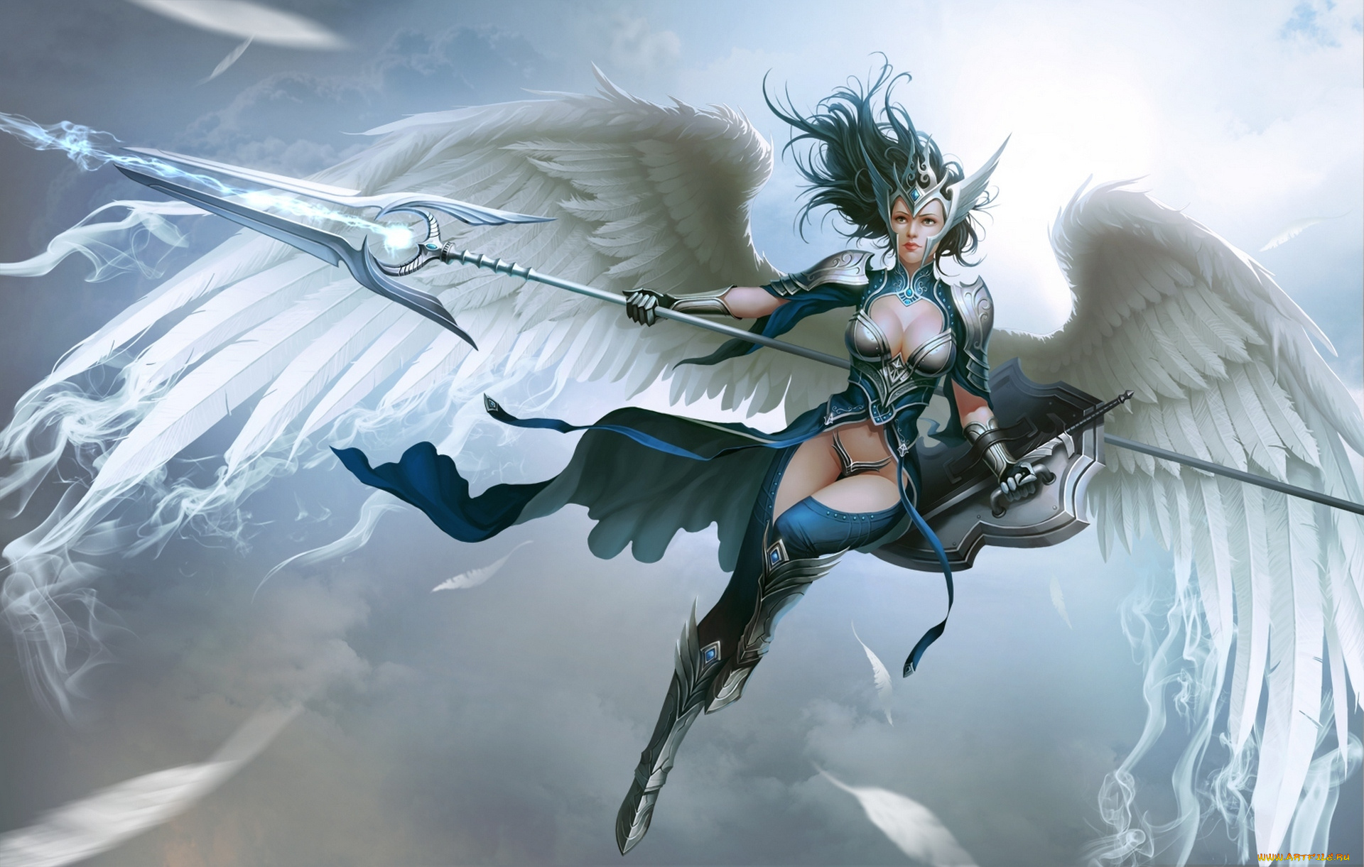 фэнтези, ангелы, арт, магия, оружие, крылья, девушка, dodqkrwnl