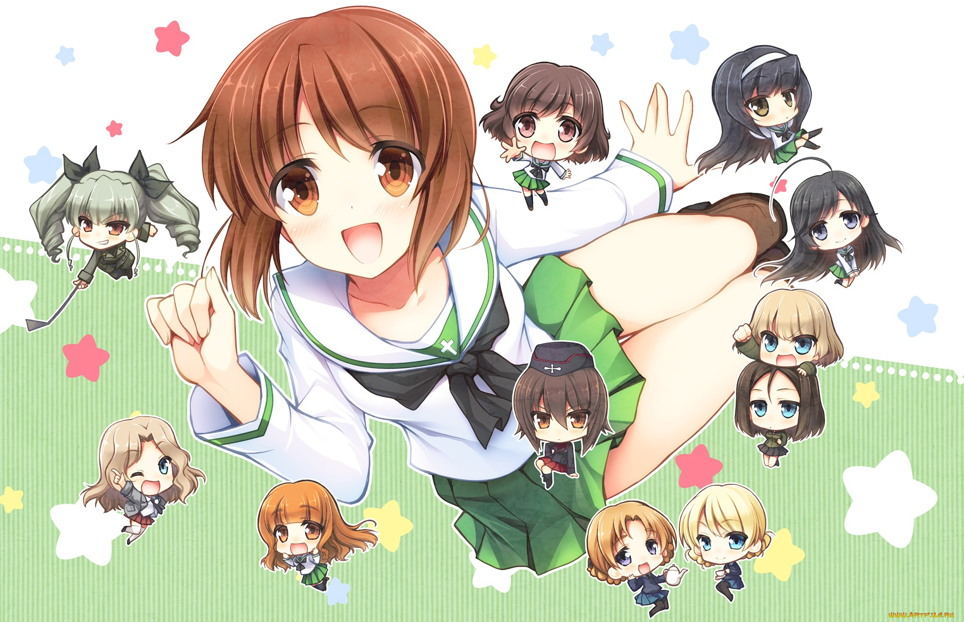 аниме, girls, und, panzer, девушки, фон, взгляд