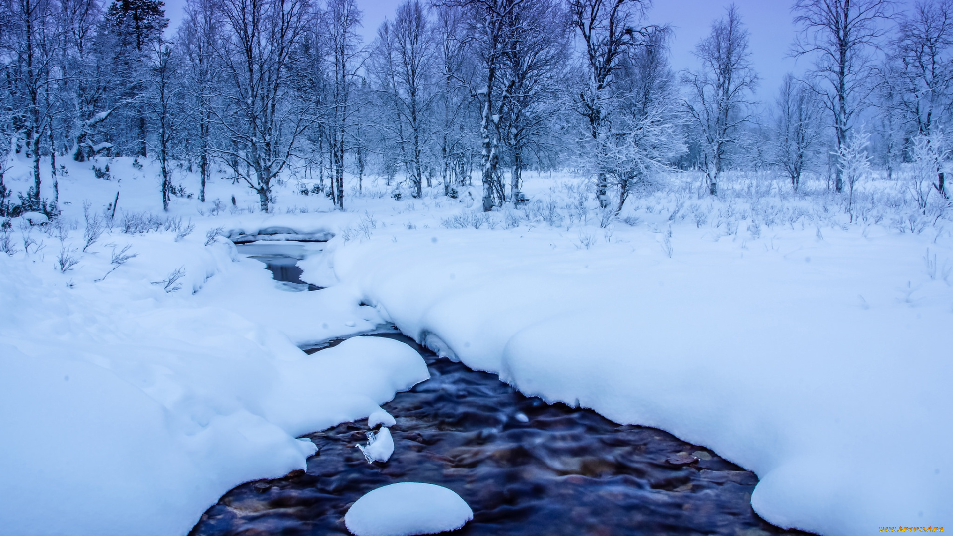 природа, зима, речка, сугробы, деревья, снег