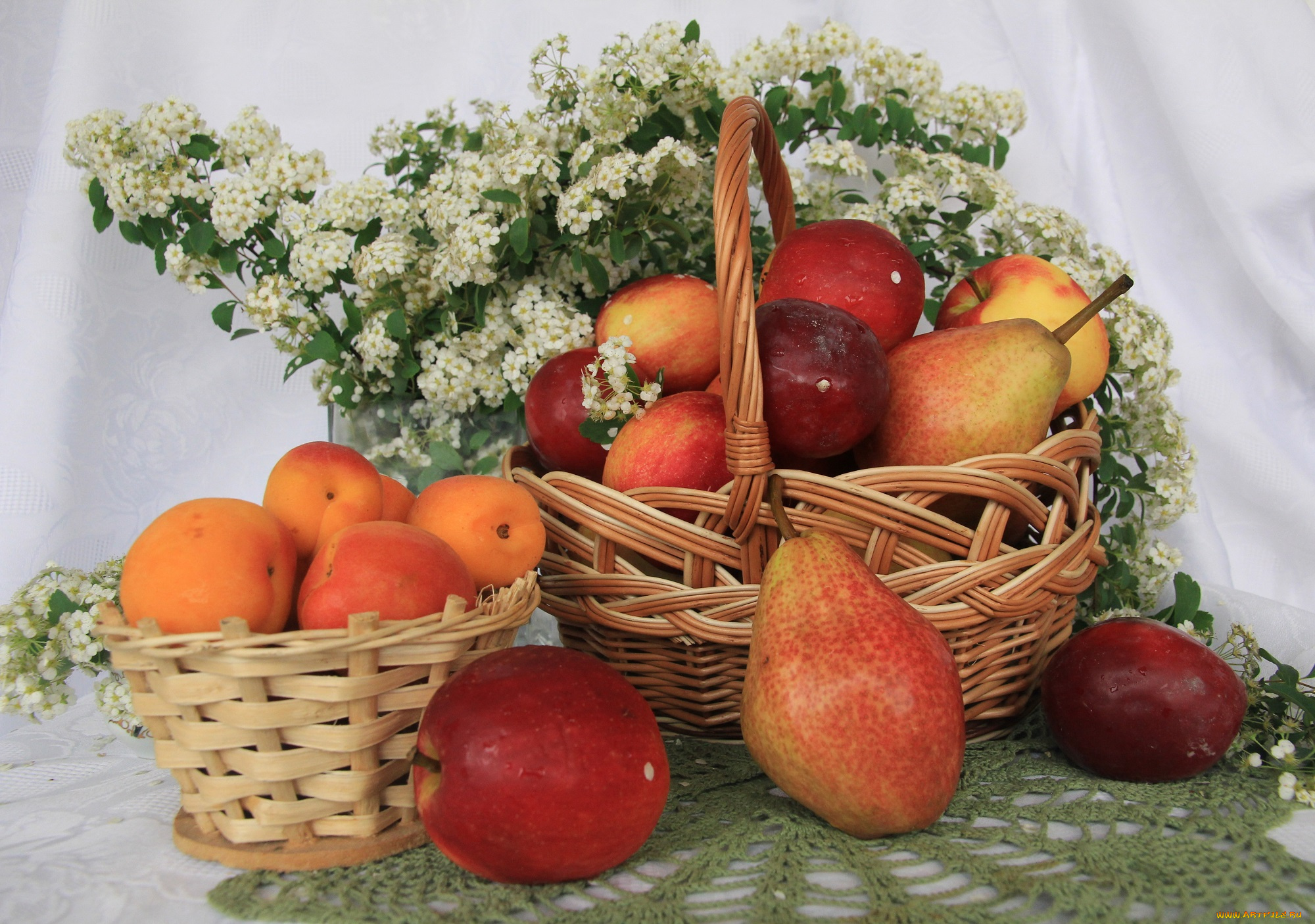 еда, фрукты, , ягоды, спирея, корзина, клетчатка, витамины, груши, сливы, польза, яблоки, весна, абрикосы, май, цветы, натюрморт