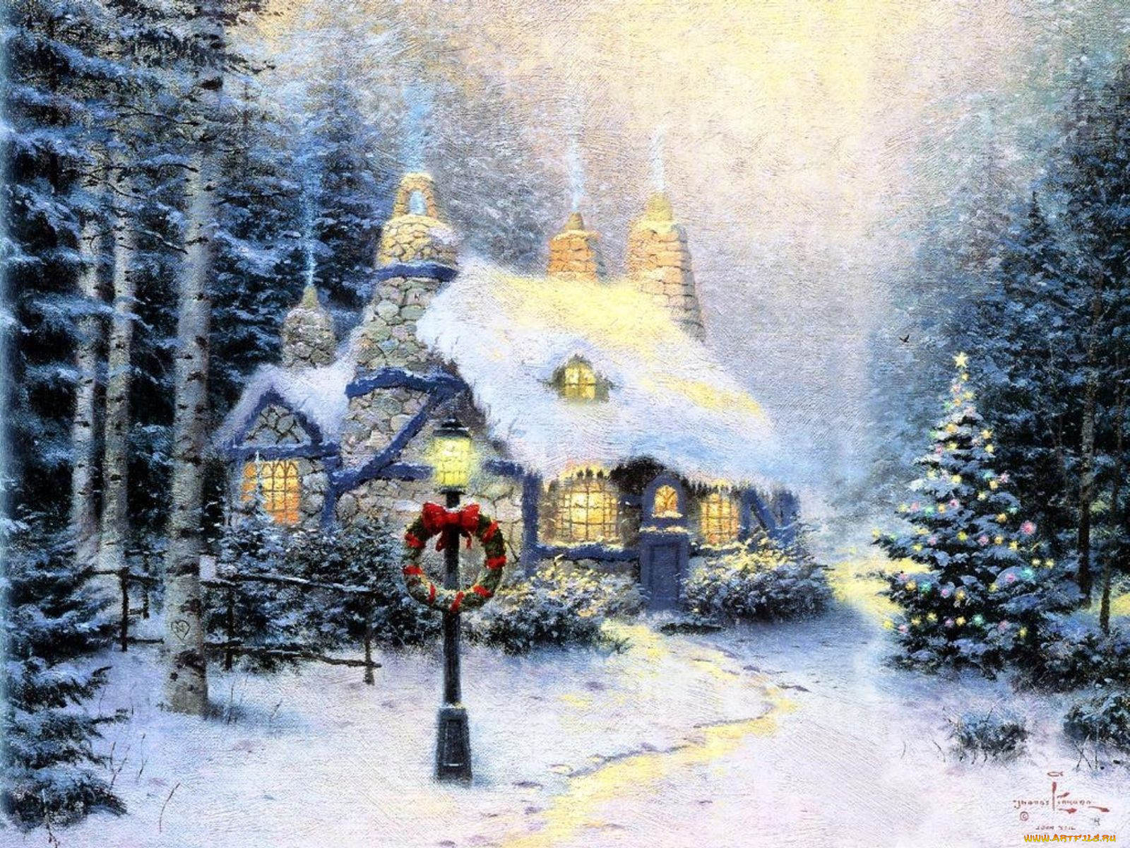 thomas, kinkade, рисованные, домик, зима, рождество, ёлка