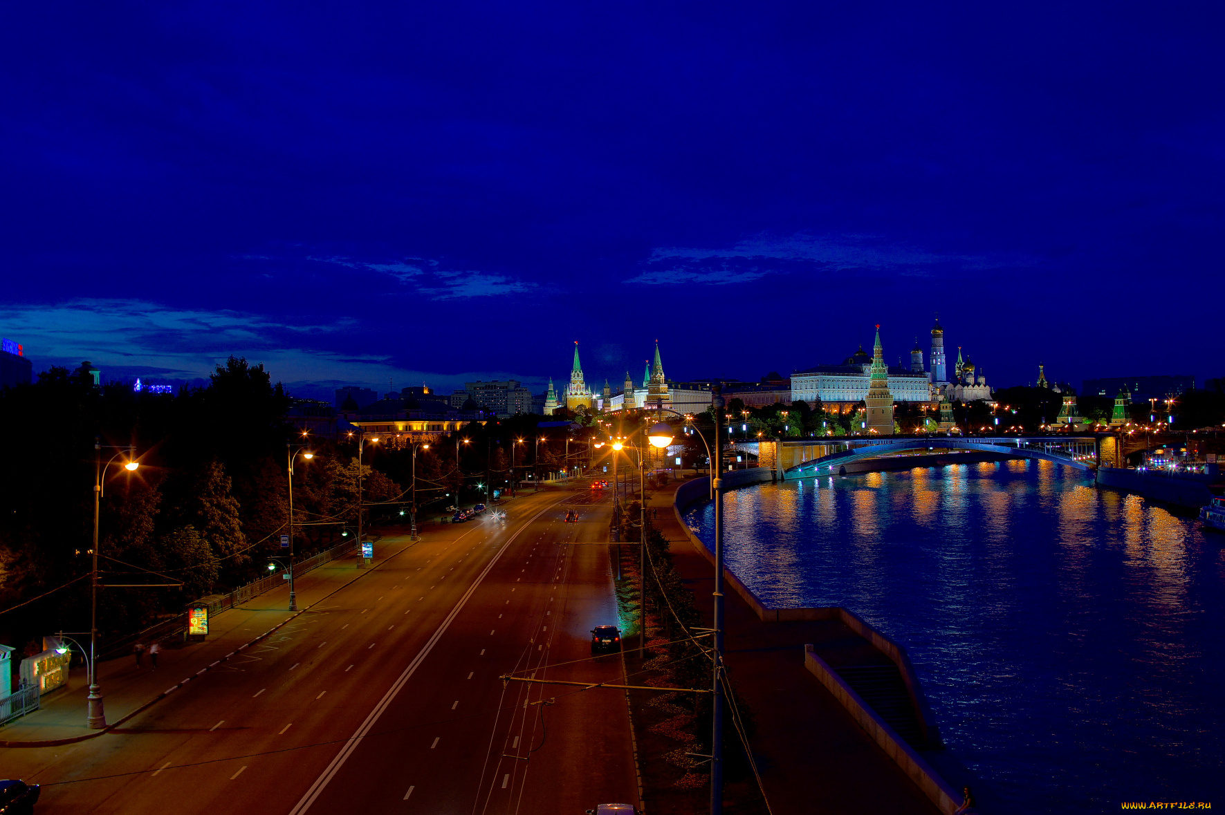 города, москва, россия, hdr, небо, мост, река, ночь, освещение, автомобили, движение, магистраль, дорога