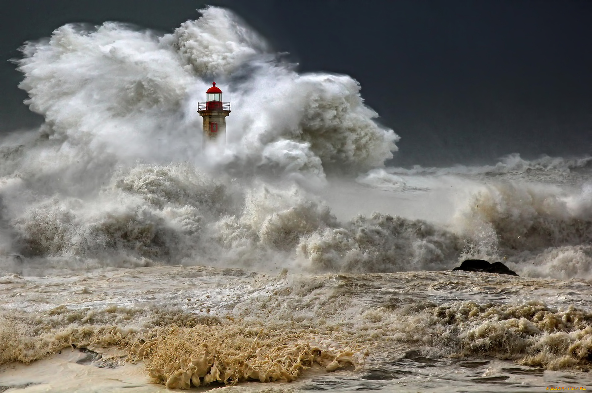 природа, стихия, маяк, шторм, океан