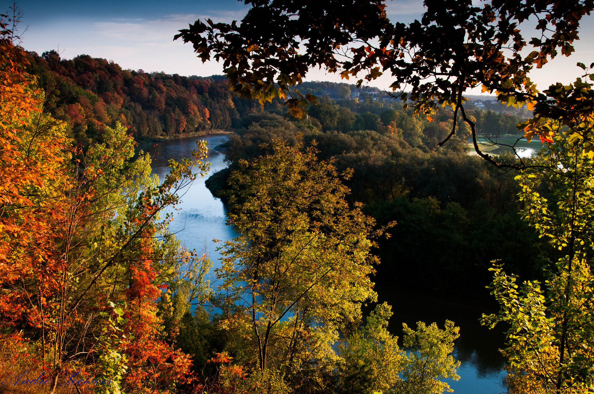 природа, реки, озера, лес, река, осень, панорама, желтые, кроны
