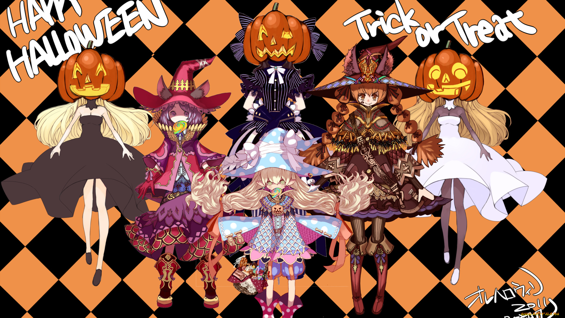 аниме, -halloween, &, magic, kansou, samehada, шляпа, тыква, украшения, ушки, конфеты, девушки, костюм