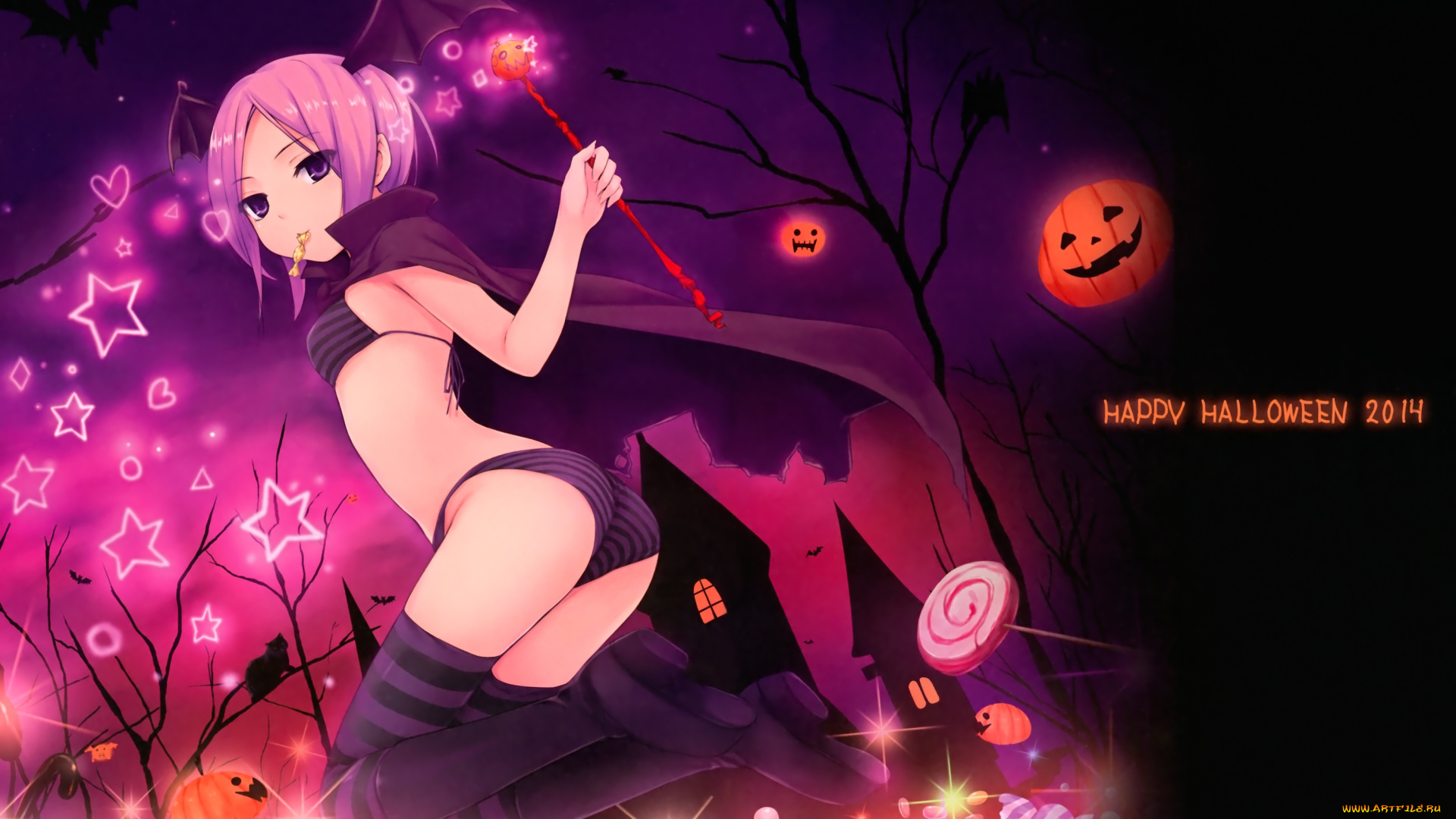 аниме, -halloween, &, magic, жезл, плащ, замок, ночь, девушка, coffee, kizoku, крылья, леденец, летучая, мышь, звезды, конфета, тыква