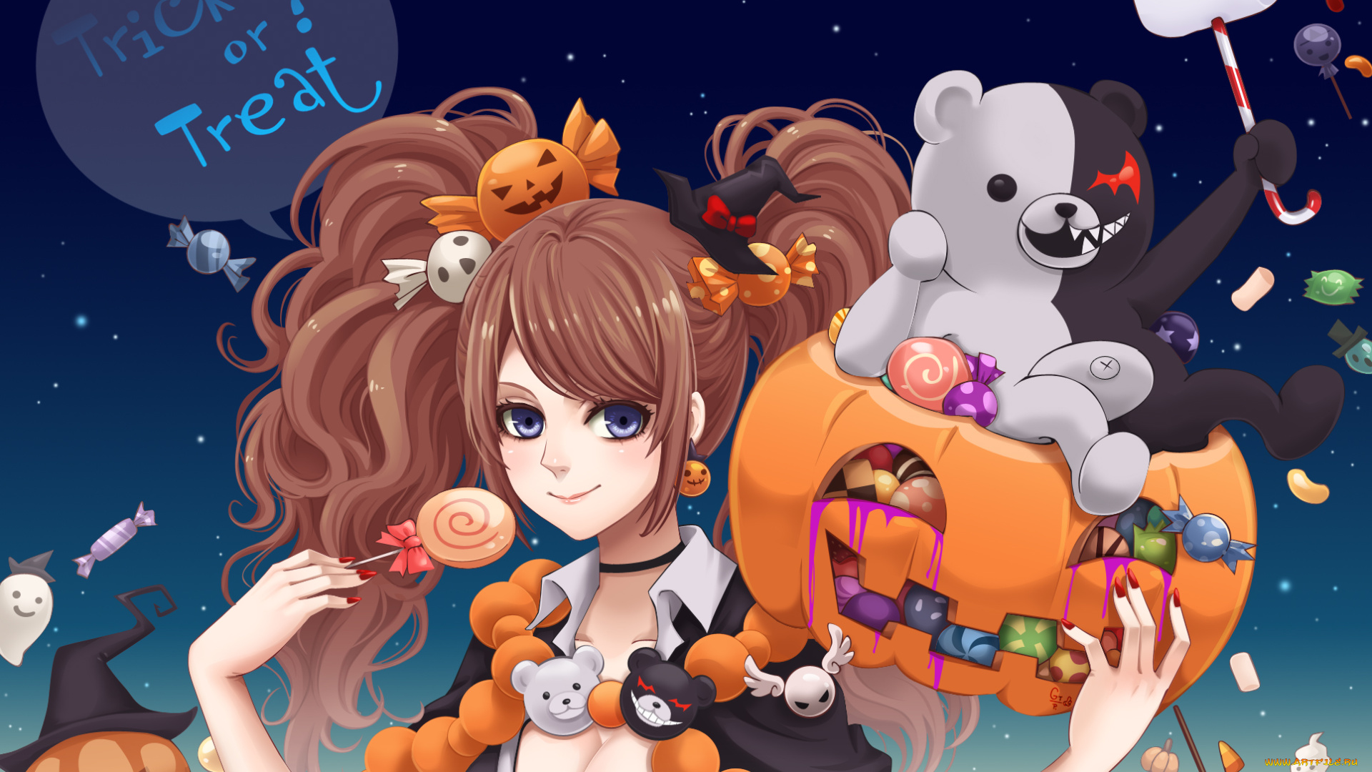 аниме, danganronpa, halloween, magic, девушка, monokuma, enoshima, junko, шляпа, медведь, игрушка, сладости, тыква, ночь, звезды, леденец, конфеты