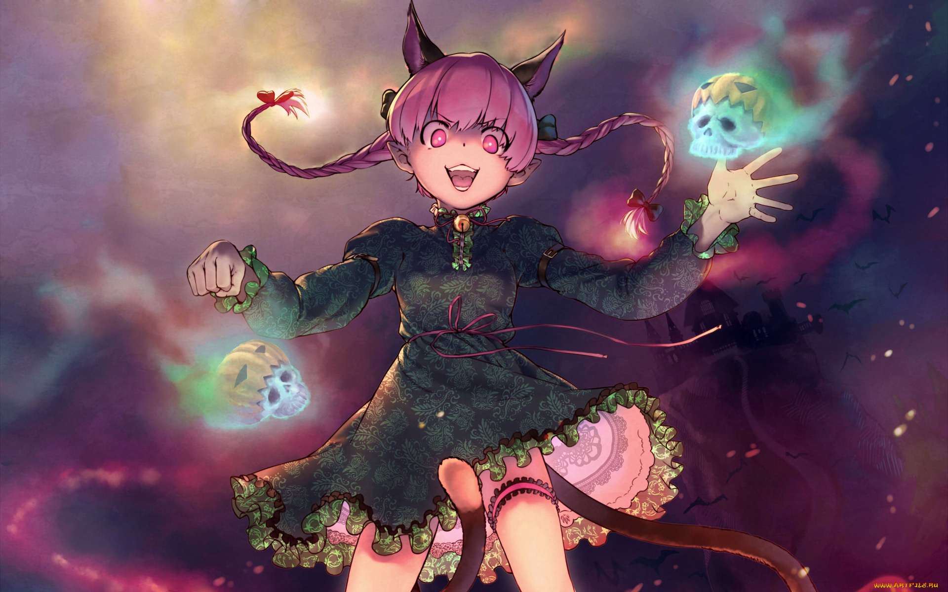 аниме, touhou, halloween, uyama, hajime, череп, тыквы, девушка, kaenbyou, rin, magic, колокольчик, платье, хвост, ушки, кошка