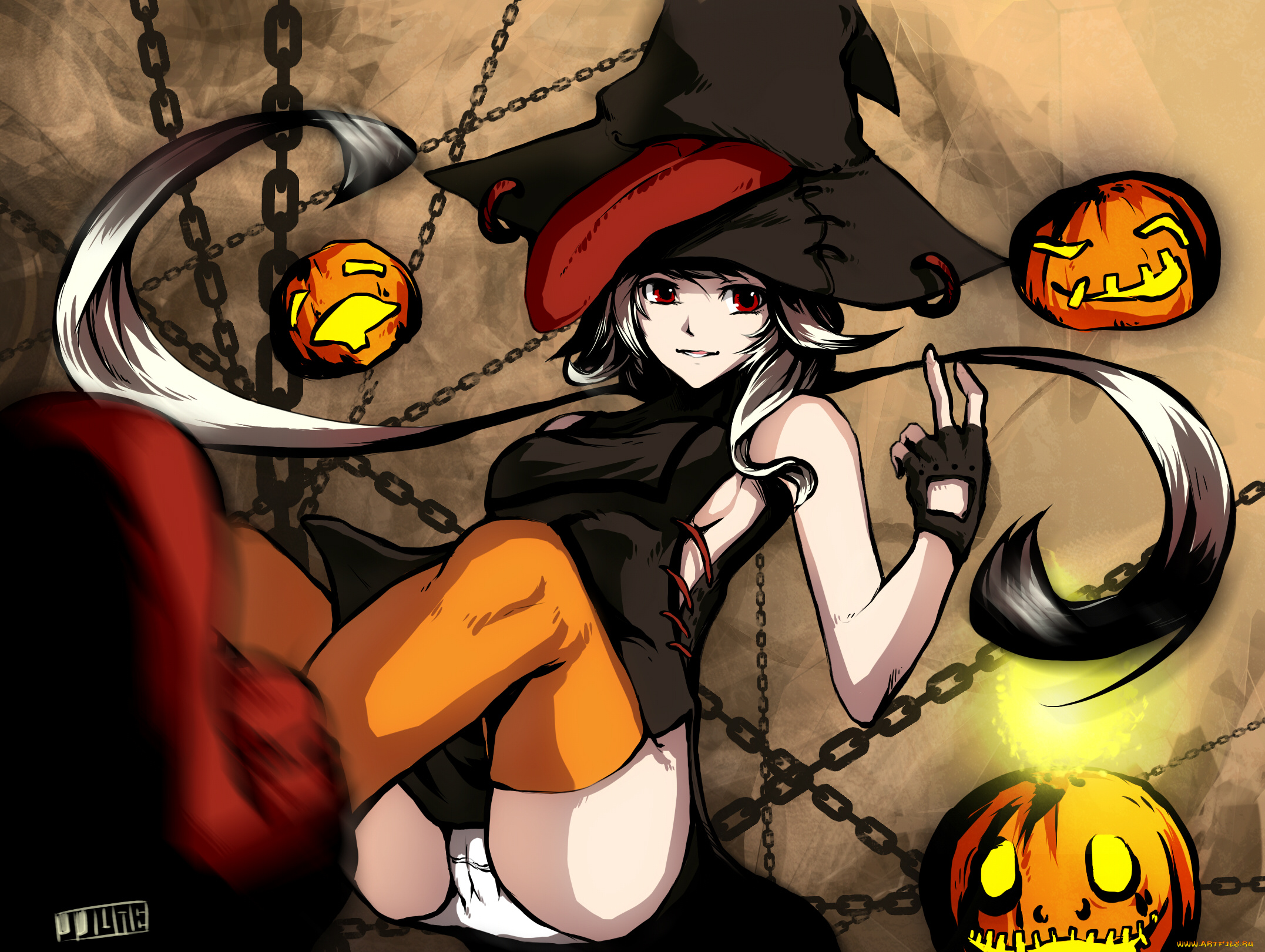 аниме, -halloween, &, magic, улыбка, шляпа, магия, язык, цепь, тыква, ведьма, девушка