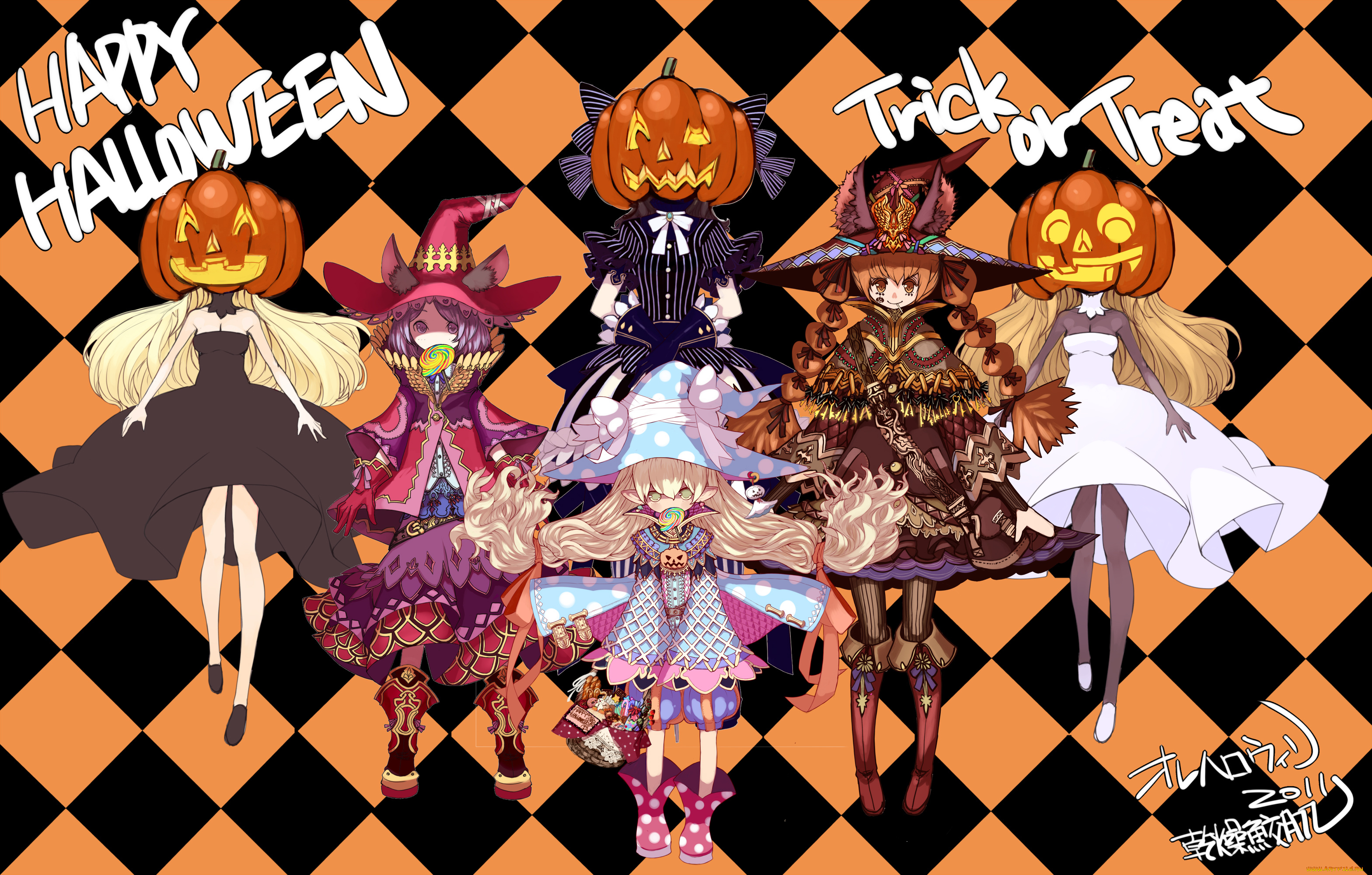 аниме, -halloween, &, magic, kansou, samehada, шляпа, тыква, украшения, ушки, конфеты, девушки, костюм