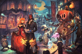 Картинка аниме -halloween+&+magic духи феи демоны ведьмы голем существа кошки веселье фонарь карета нечисть дома здания дракон улица праздник ночь месяц луна город lack девушка мыжчина люди