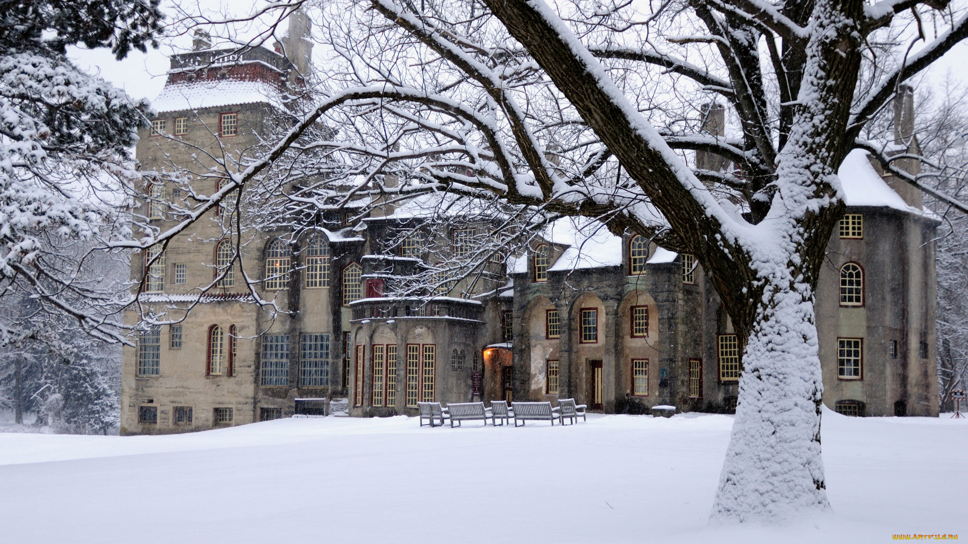 fonthill, castle, сша, пенсильвания, города, дворцы, замки, крепости, зима, замок