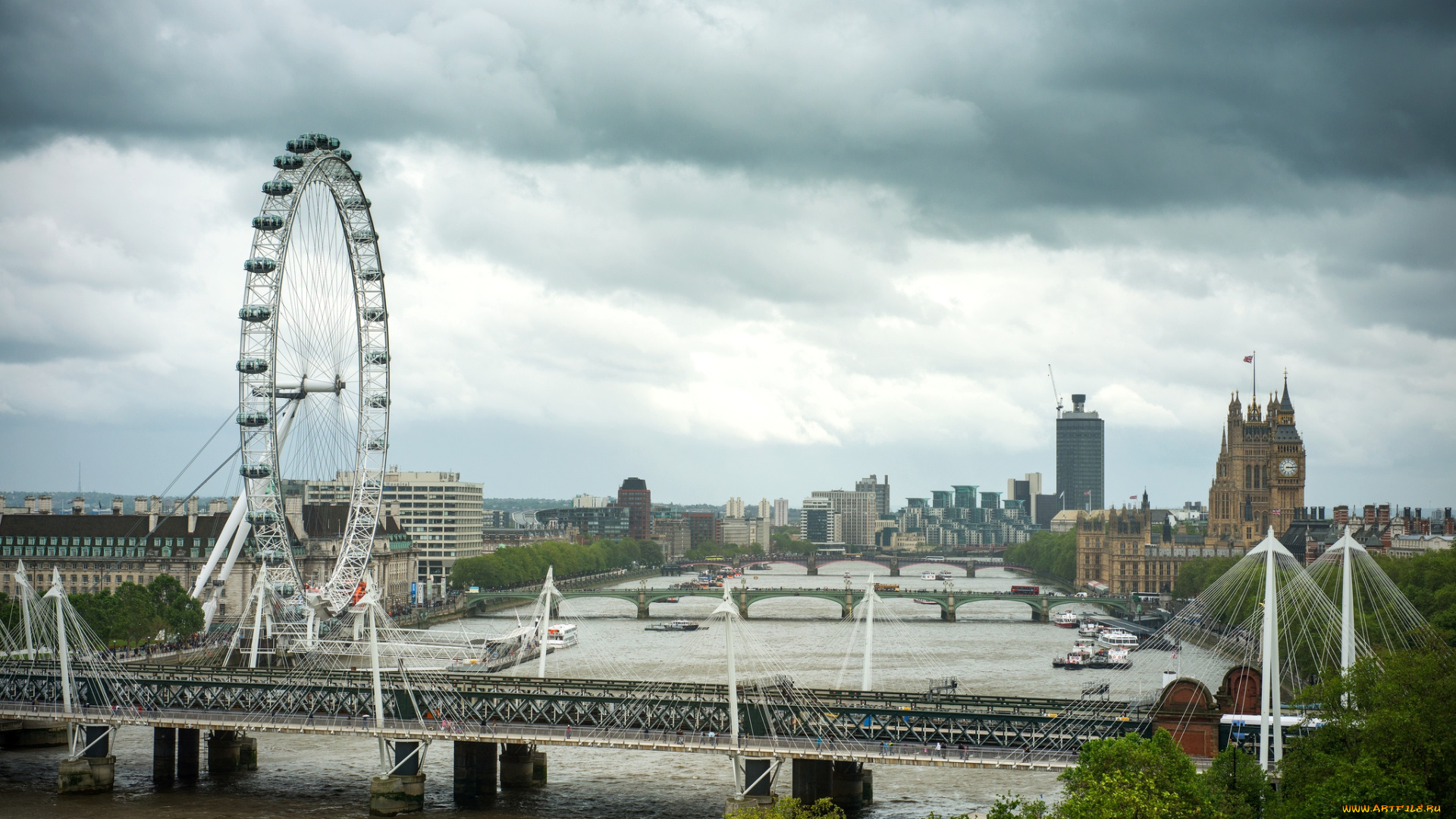 города, лондон, великобритания, панорама, мост, река, колесо, обозрения