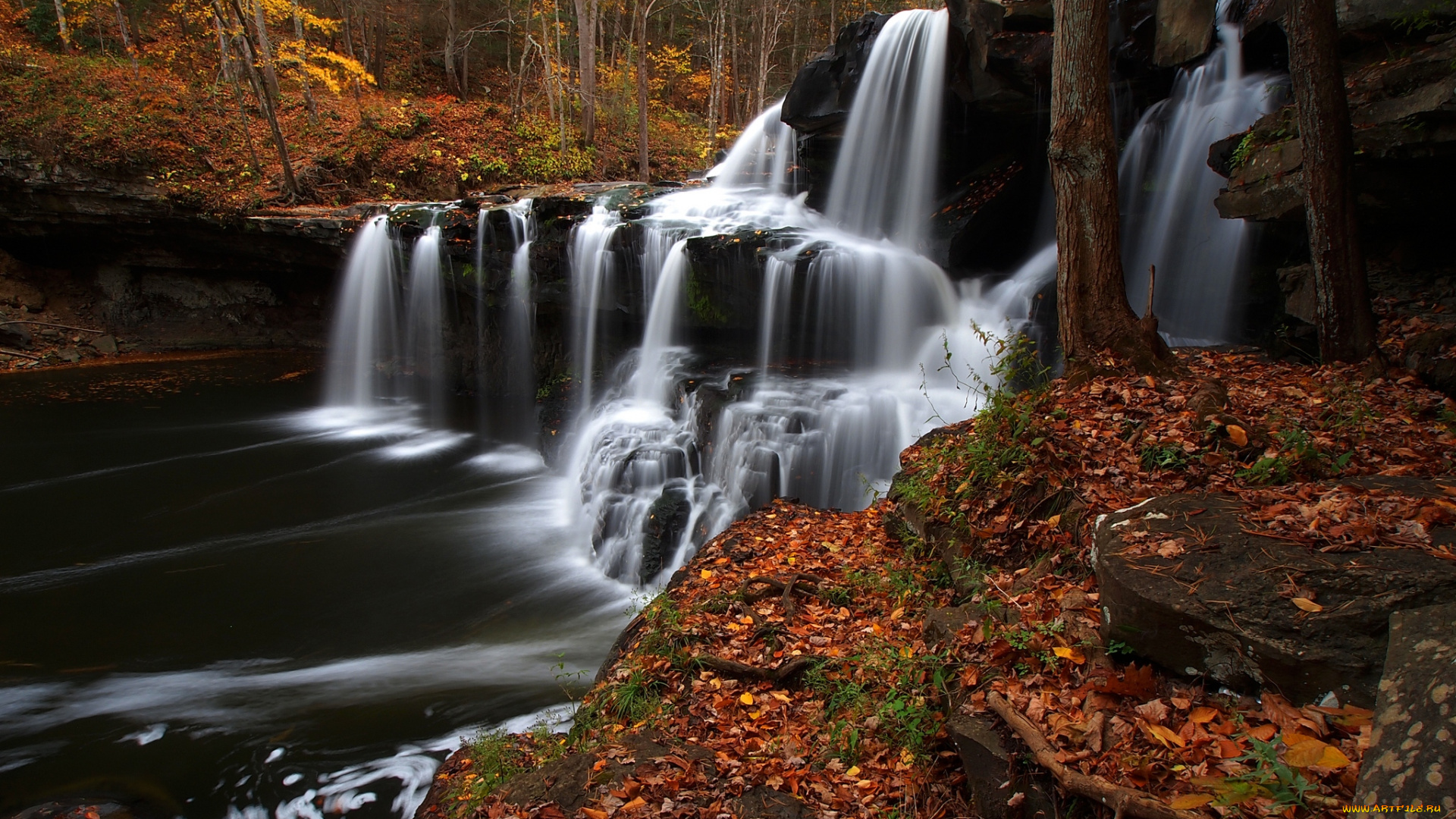 природа, водопады, поток, вода, осень, лес, камни