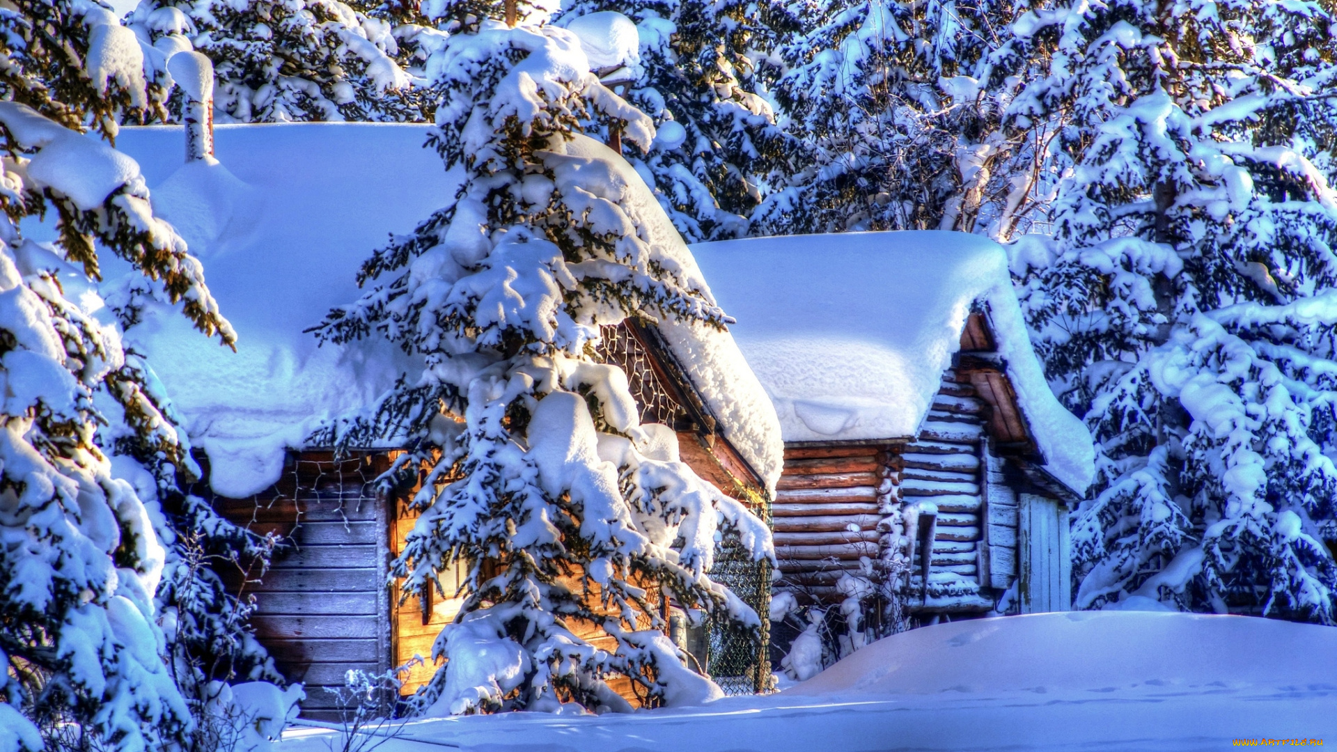 природа, зима, домики, снег, срубы, елки, сугробы