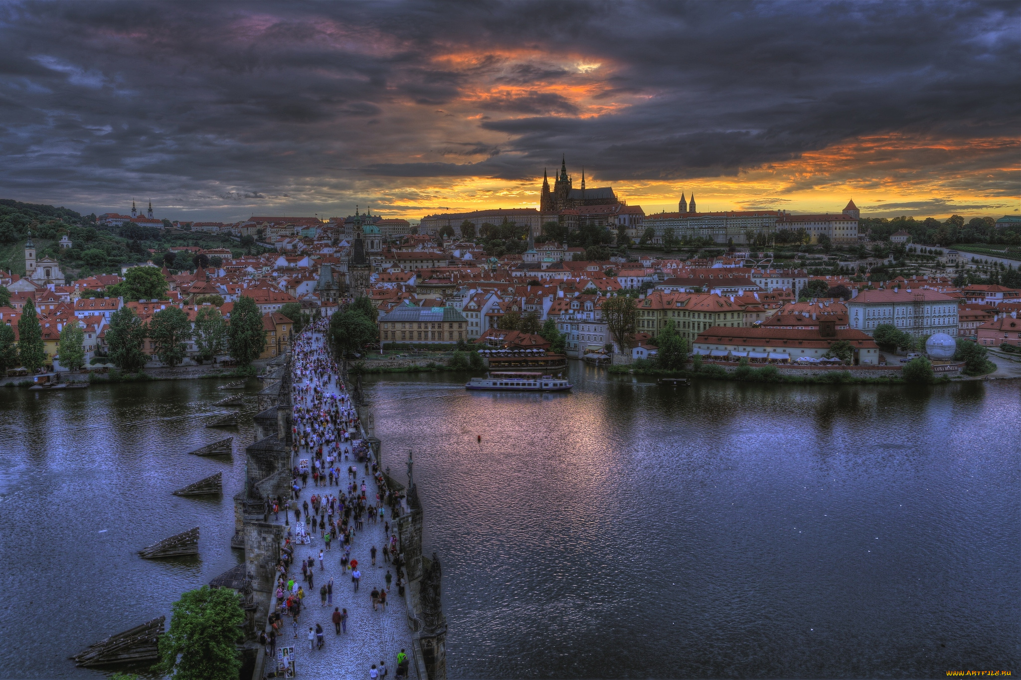 города, прага, Чехия, мост, река, панорама