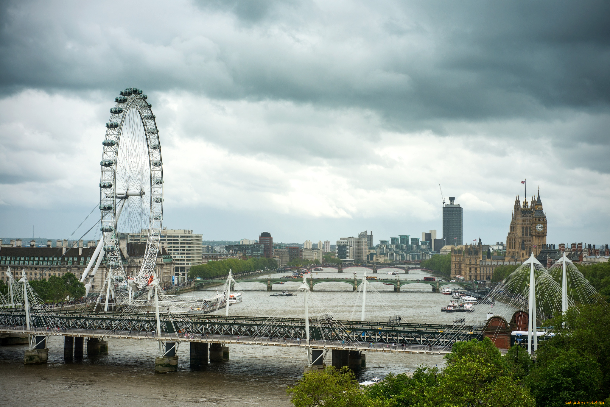 города, лондон, великобритания, панорама, мост, река, колесо, обозрения