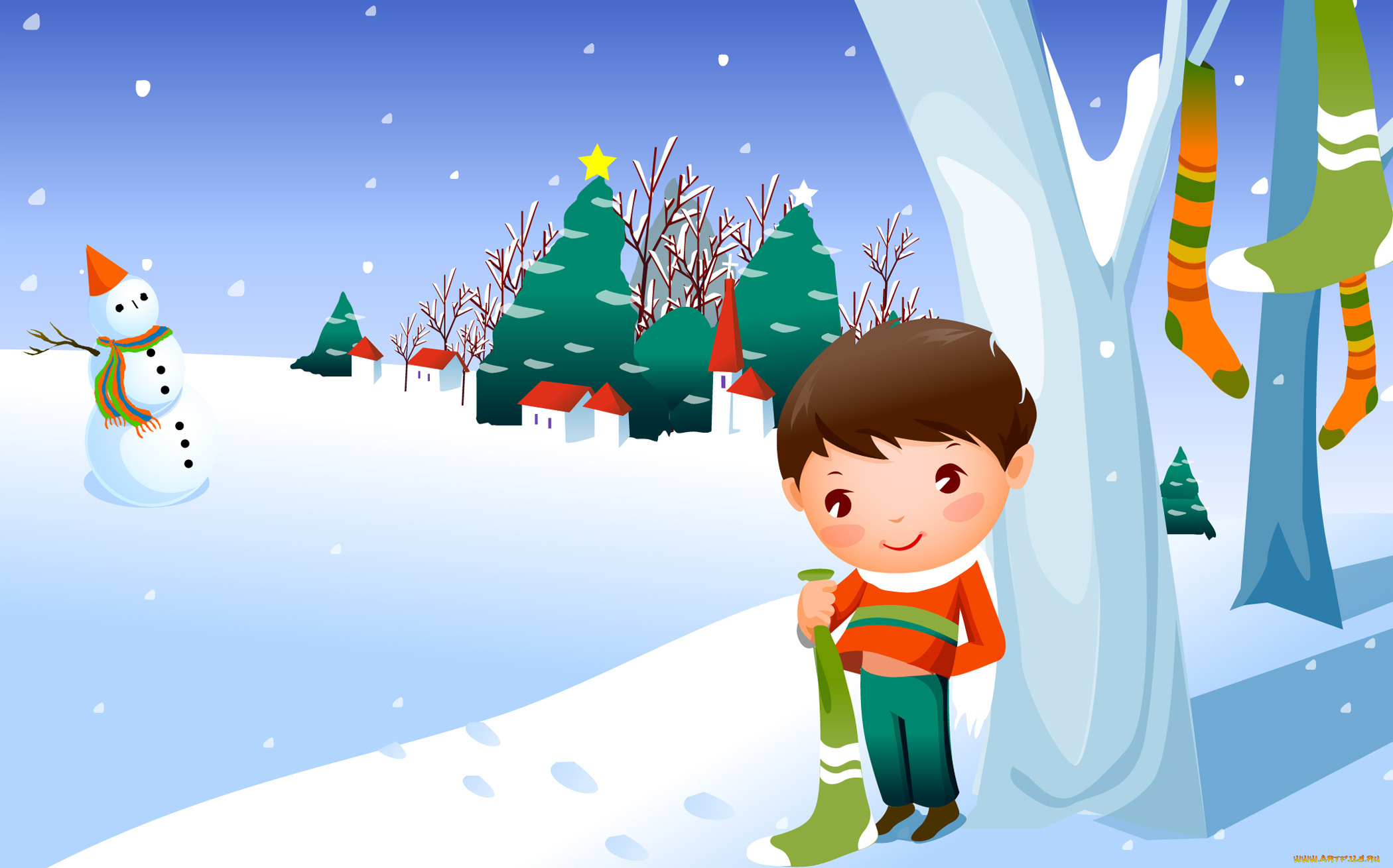 праздничные, векторная, графика, новый, год, мальчик, носки, дерево, снег, ёлки, дома, снеговик