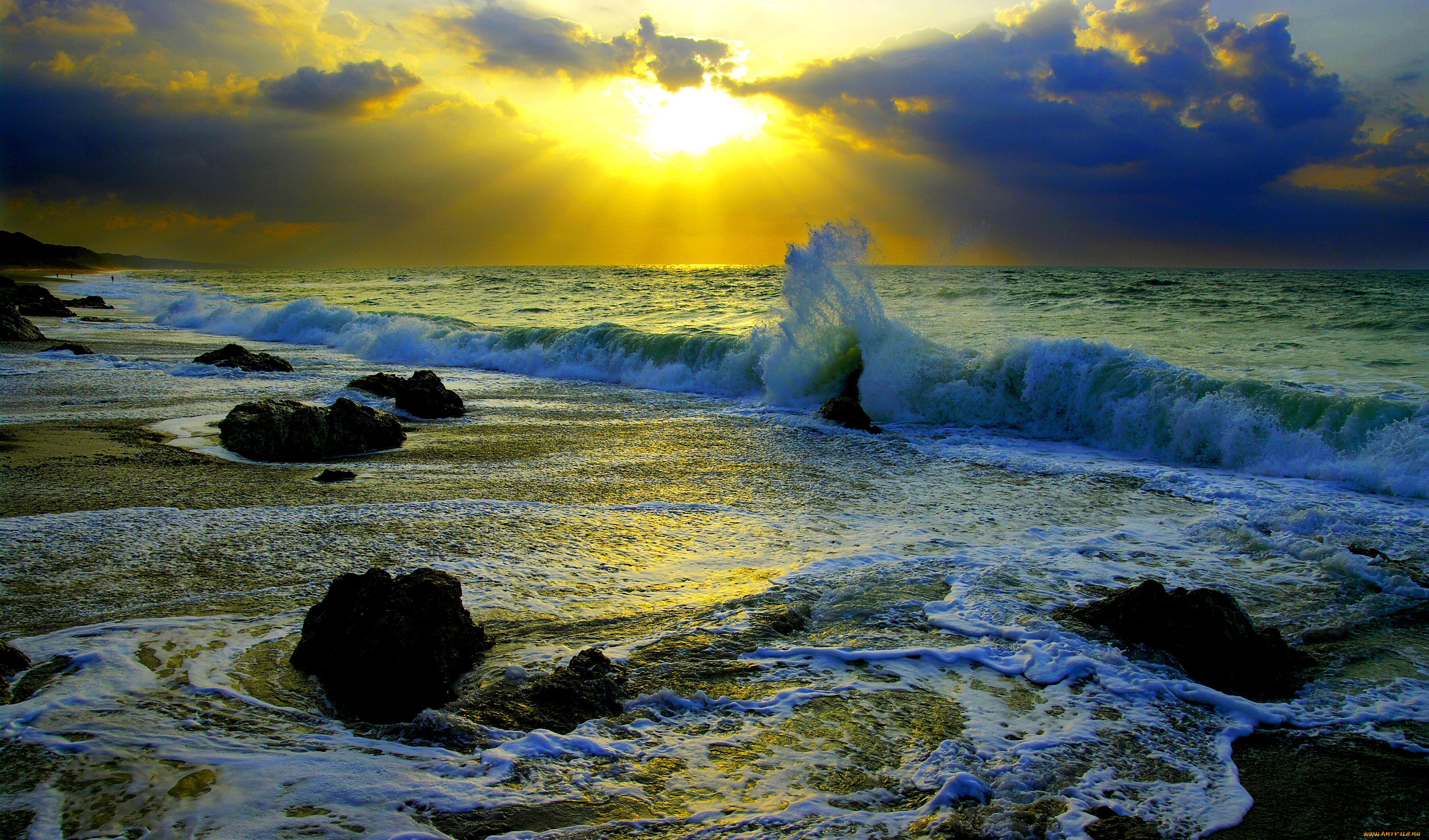 природа, восходы, закаты, океан, пляж, прибй, камни, тучи, свет