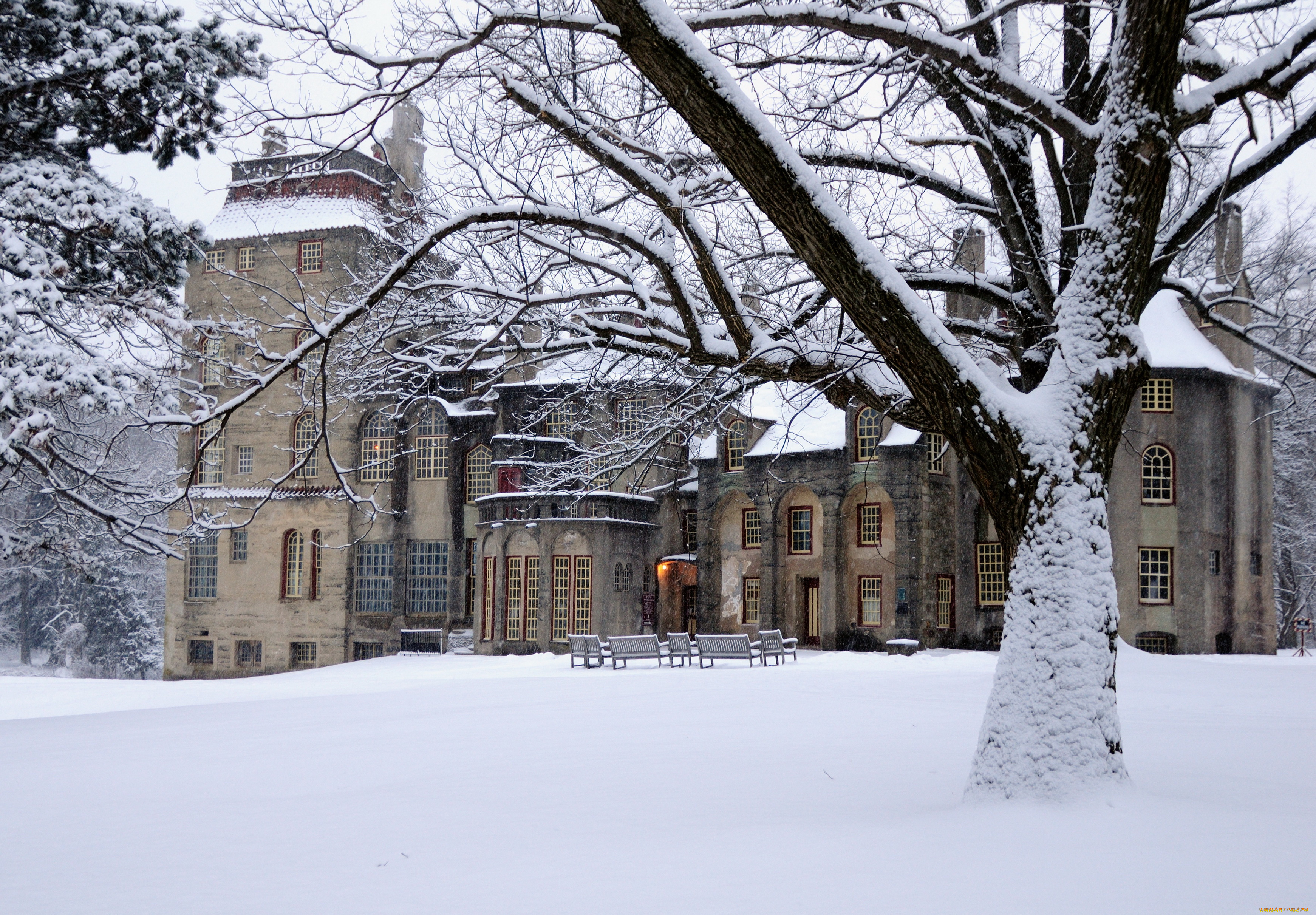 fonthill, castle, сша, пенсильвания, города, дворцы, замки, крепости, зима, замок