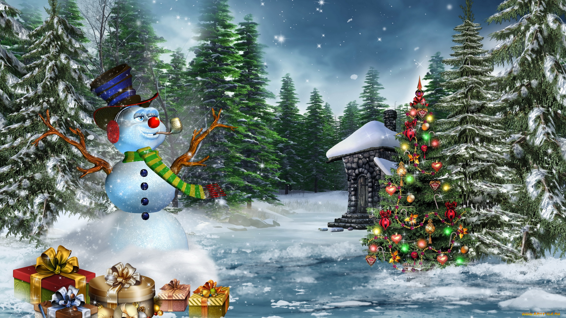 праздничные, 3д, графика, , новый, год, снег, снеговик, подарки, елка, украшения