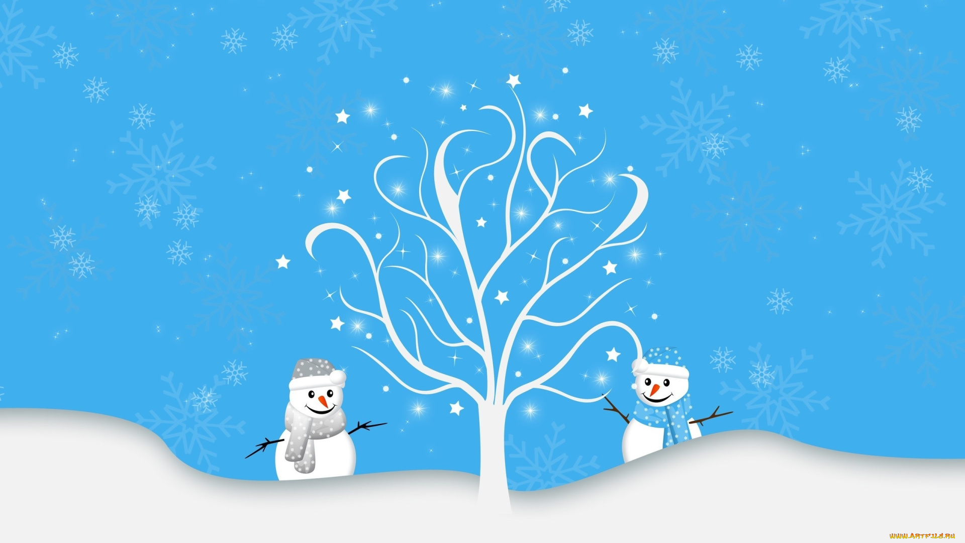 праздничные, векторная, графика, , новый, год, снеговики, дерево, снег, снежинки